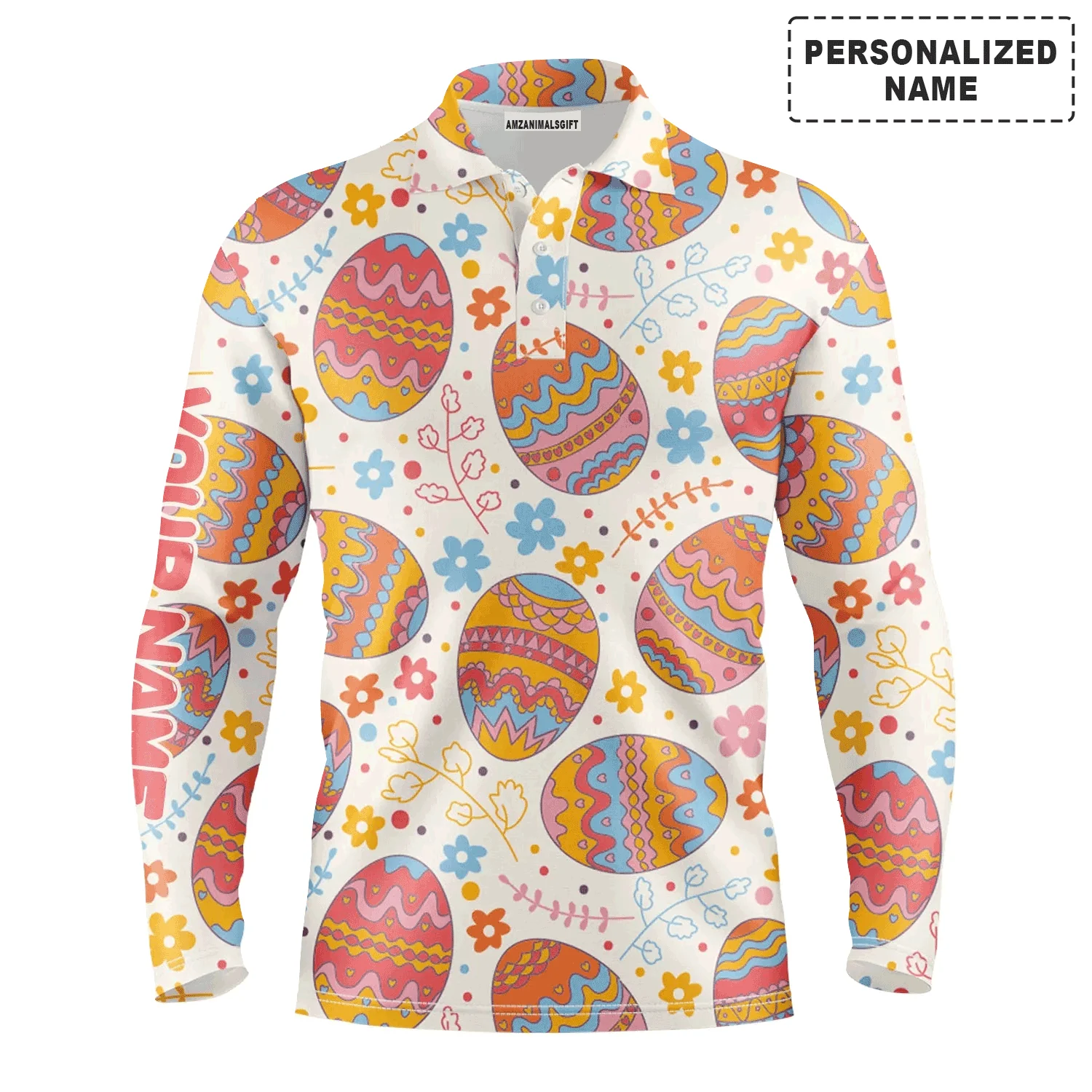 Custom Golf Long Sleeve Men Polo Shirt - Funny Easter Eggs Pattern Custom Name Golf Men Polo Shirt - Perfect Personalized Polo Shirt For Men, Golfers - Image 2