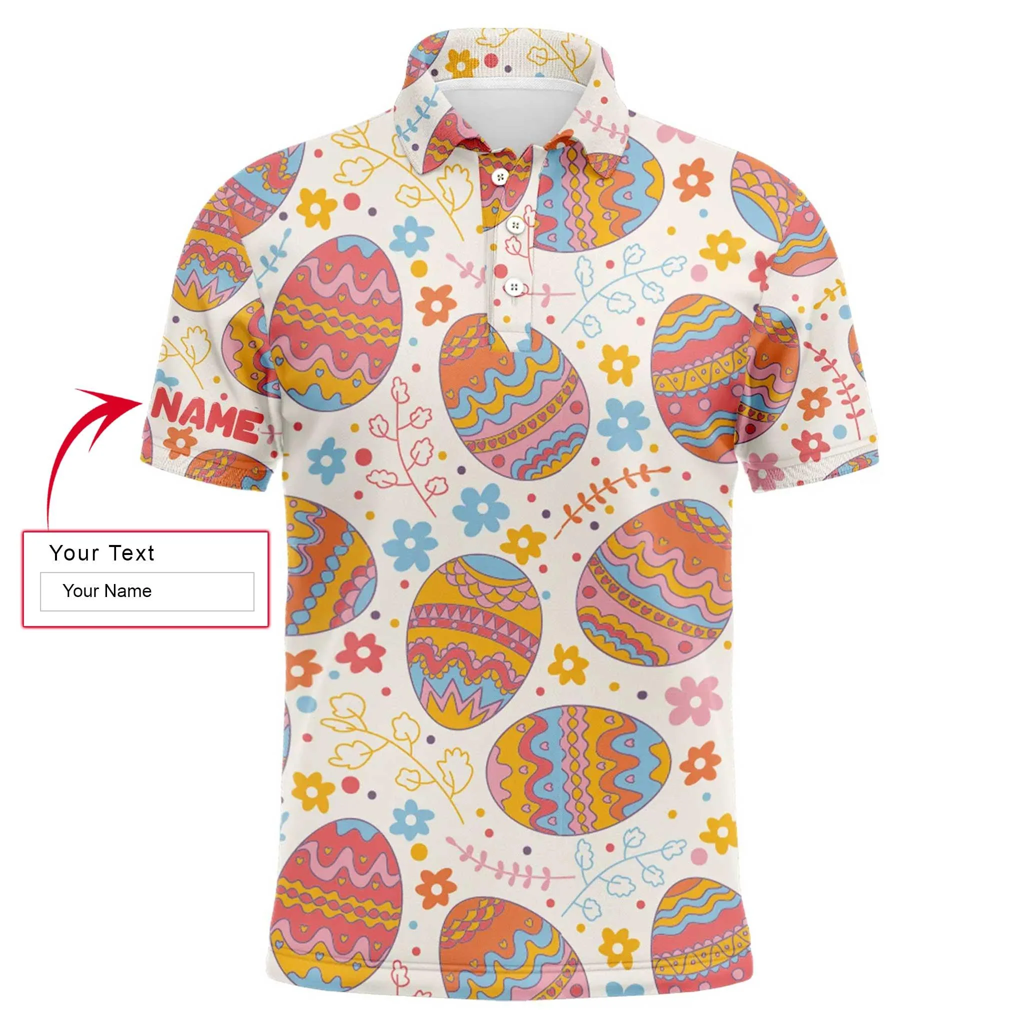 Custom Golf Long Sleeve Men Polo Shirt - Funny Easter Eggs Pattern Custom Name Golf Men Polo Shirt - Perfect Personalized Polo Shirt For Men, Golfers - Image 3