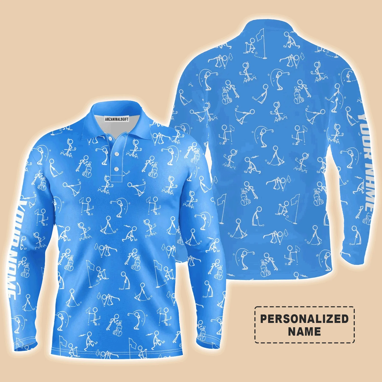Custom Golf Long Sleeve Men Polo Shirt- Funny Golf Pattern Custom Name Multicolor Apparel - Personalized Gift For Men, Golf Lover, Team, Husband - Image 2
