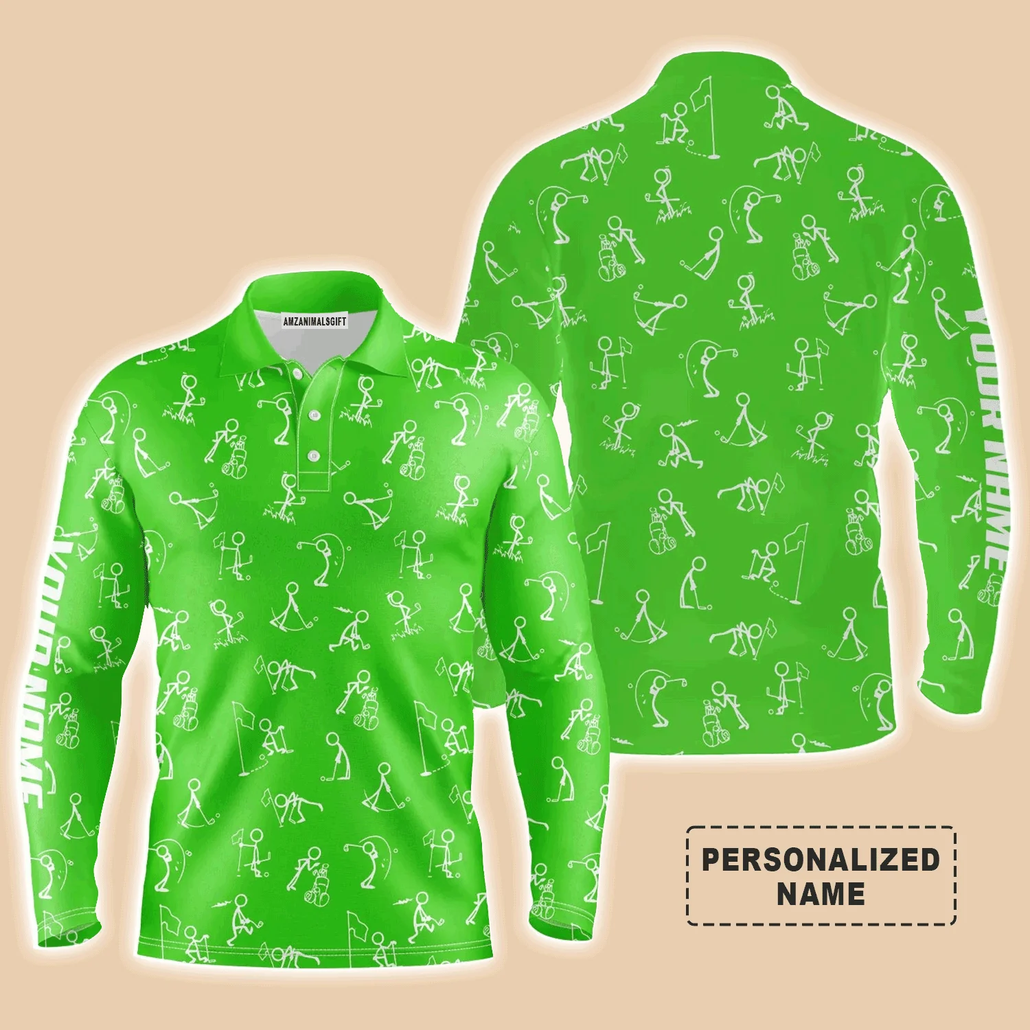 Custom Golf Long Sleeve Men Polo Shirt- Funny Golf Pattern Custom Name Multicolor Apparel - Personalized Gift For Men, Golf Lover, Team, Husband - Image 3