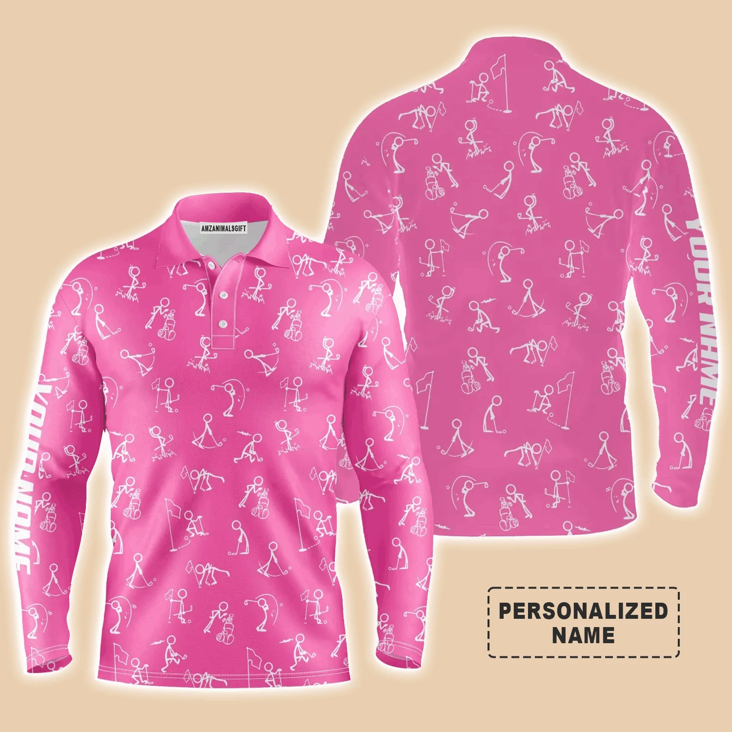 Custom Golf Long Sleeve Men Polo Shirt- Funny Golf Pattern Custom Name Multicolor Apparel - Personalized Gift For Men, Golf Lover, Team, Husband - Image 4