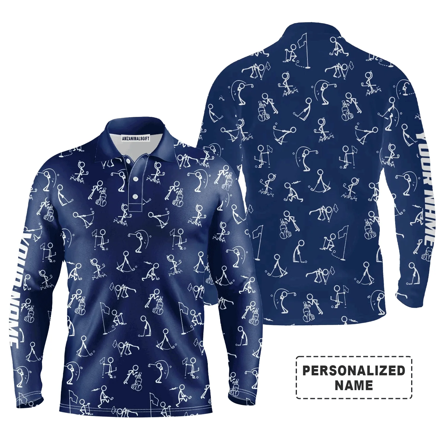 Custom Golf Long Sleeve Men Polo Shirt- Funny Golf Pattern Custom Name Multicolor Apparel - Personalized Gift For Men, Golf Lover, Team, Husband - Image 9