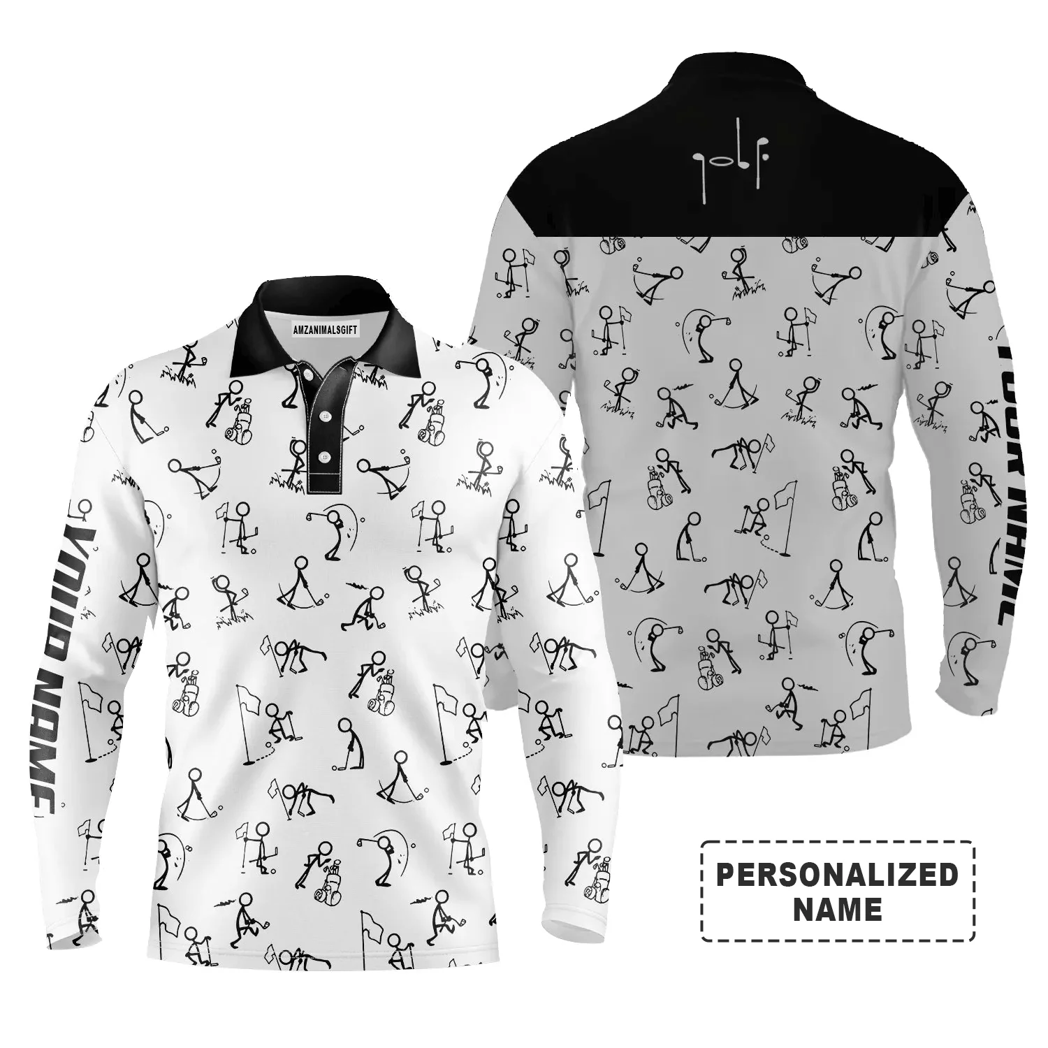 Custom Golf Long Sleeve Men Polo Shirt - Funny Golf Pattern Custom Name White Apparel Men Golf Polo Shirt - Personalized Gift For Golf Lover, Team - Image 2