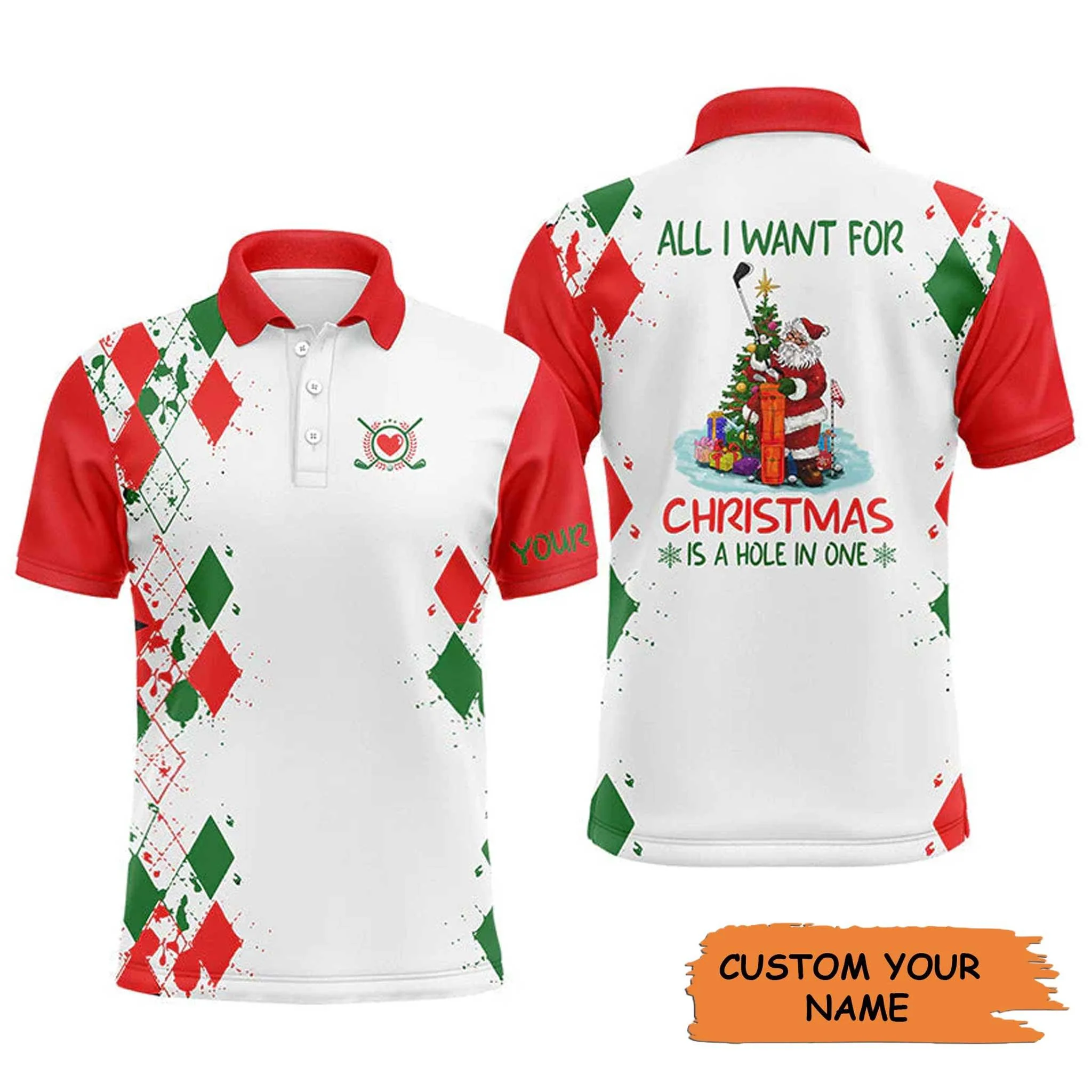 Custom Golf Short Sleeve Men Polo Shirt Shirt - Funny Santa Golfer  - All I Want For Christmas Is A Hole In One - Personalized Gift For Golf Lover, Team