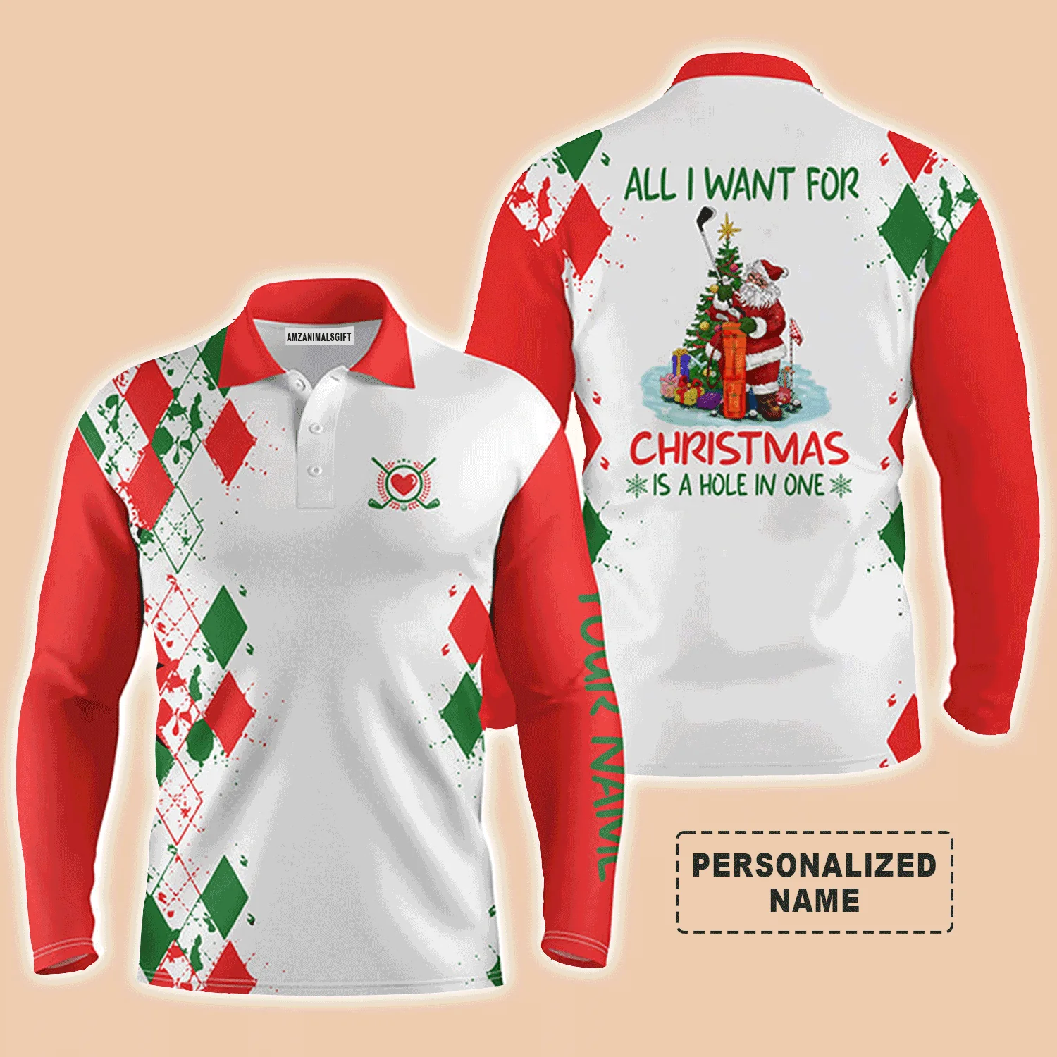 Custom Golf Short Sleeve Men Polo Shirt Shirt - Funny Santa Golfer  - All I Want For Christmas Is A Hole In One - Personalized Gift For Golf Lover, Team - Image 2