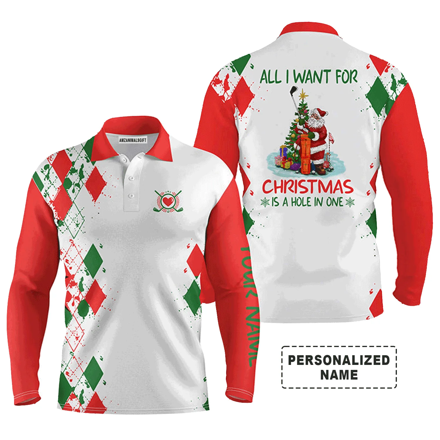 Custom Golf Short Sleeve Men Polo Shirt Shirt - Funny Santa Golfer  - All I Want For Christmas Is A Hole In One - Personalized Gift For Golf Lover, Team - Image 4