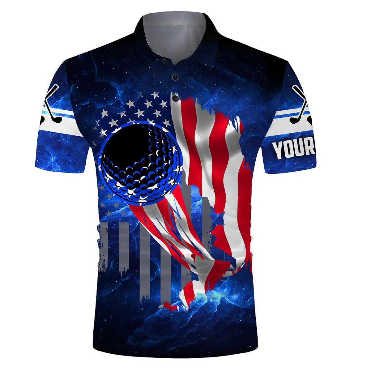 Custom Golf Long Sleeve Men Polo Shirt - Golf Ball Blue Galaxy Universe American Flag Custom Name Apparel Gift For Men, Golf Lover - Image 3