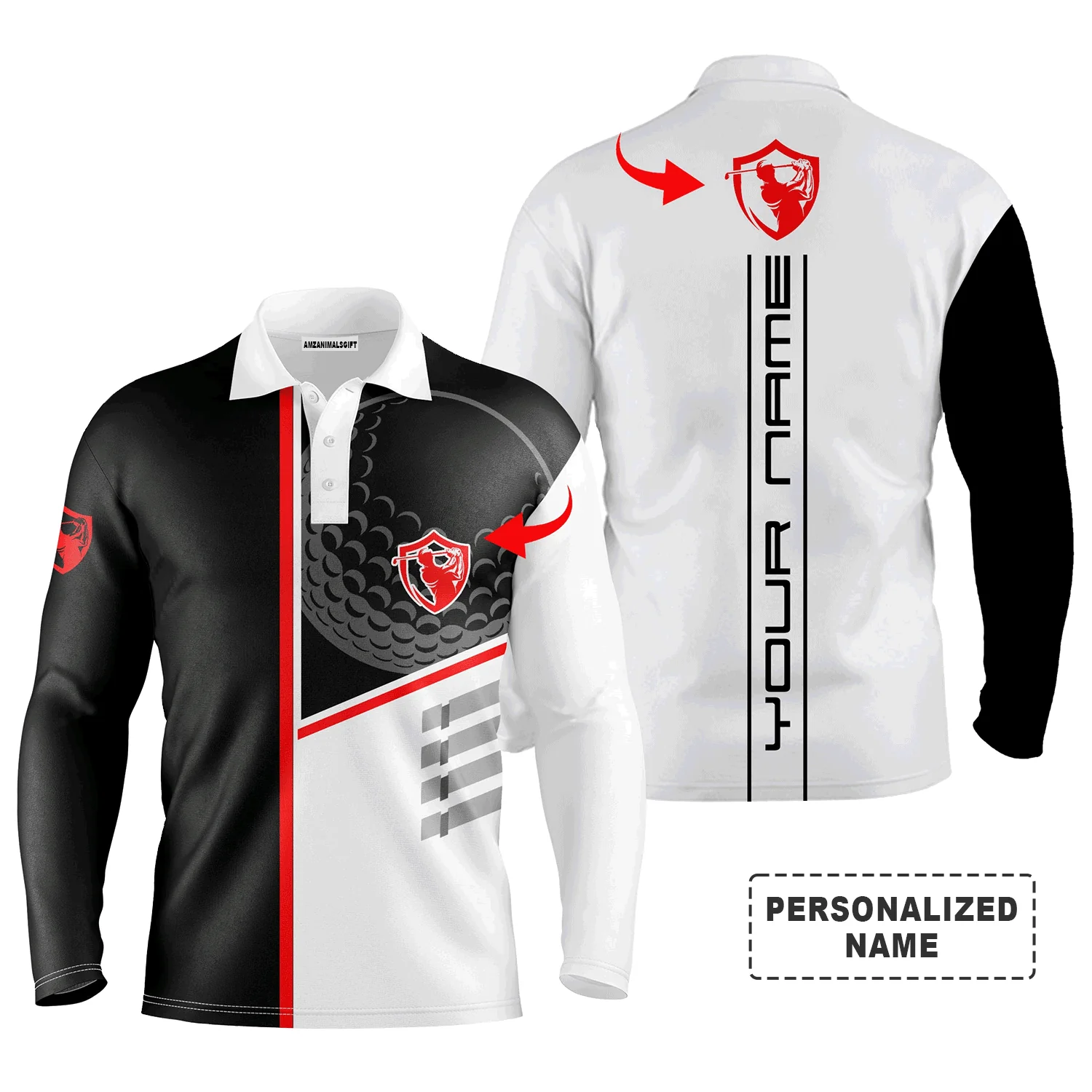 Custom Golf Long Sleeve Men Polo Shirt, Golf Club Custom Name And Logo Black & White All-Over Print -Perfect Gifts For Men, Golf Lover - Image 2