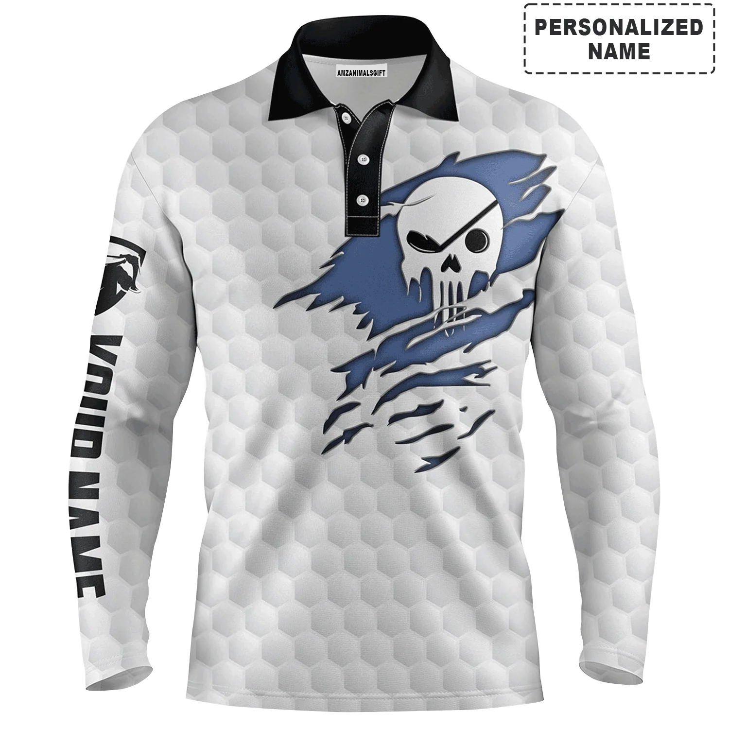 Custom Golf Long Sleeve Men Polo Shirt- Golf Club Skull Custom Name White Apparel - Perfect Gift For Men ,Golf Lover - Image 2