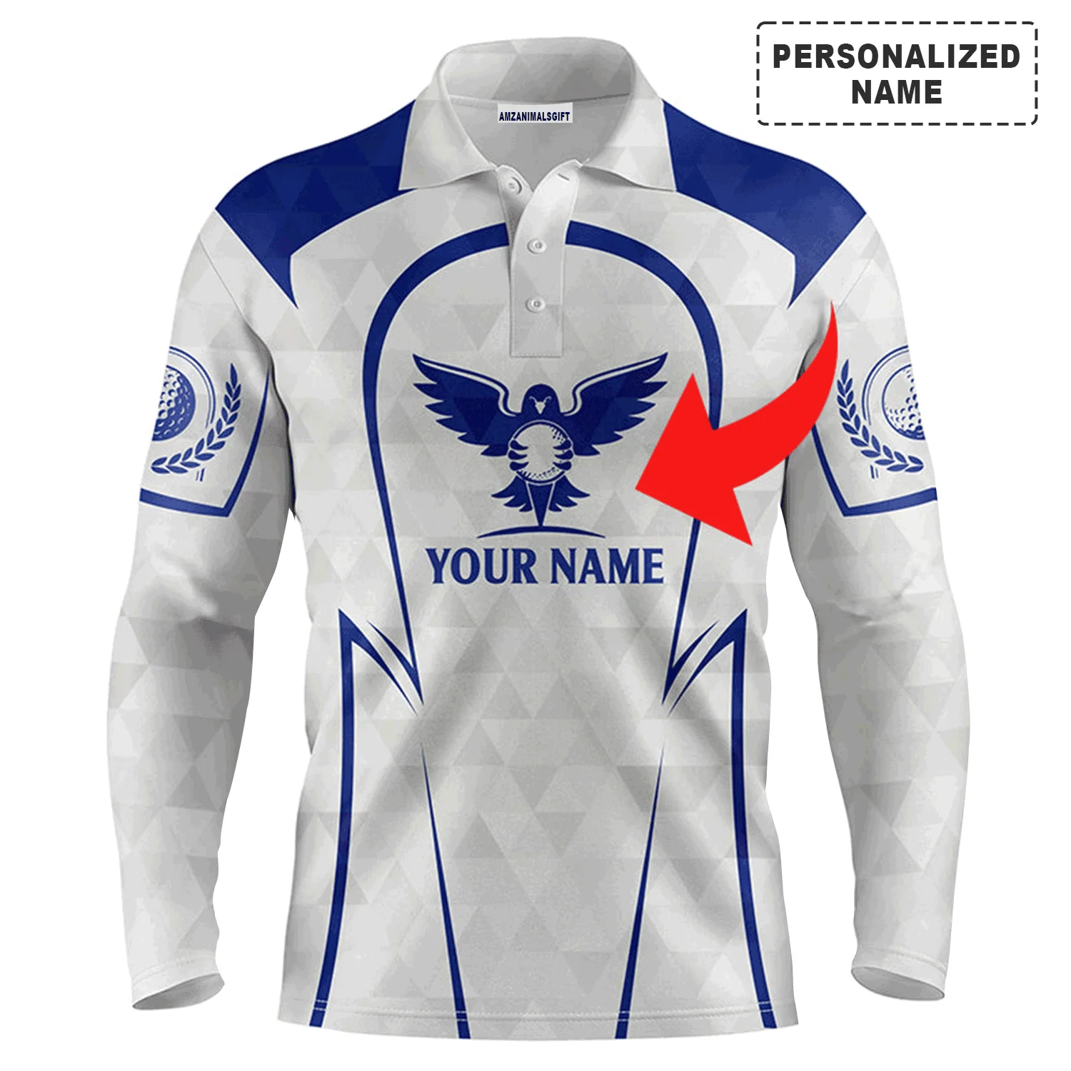 Custom Golf Long Sleeve Men Polo Shirt - Golf Clubs Custom Name And Logo Blue & White Apparel - Personalized Gift For Men, Golf Lover - Image 2