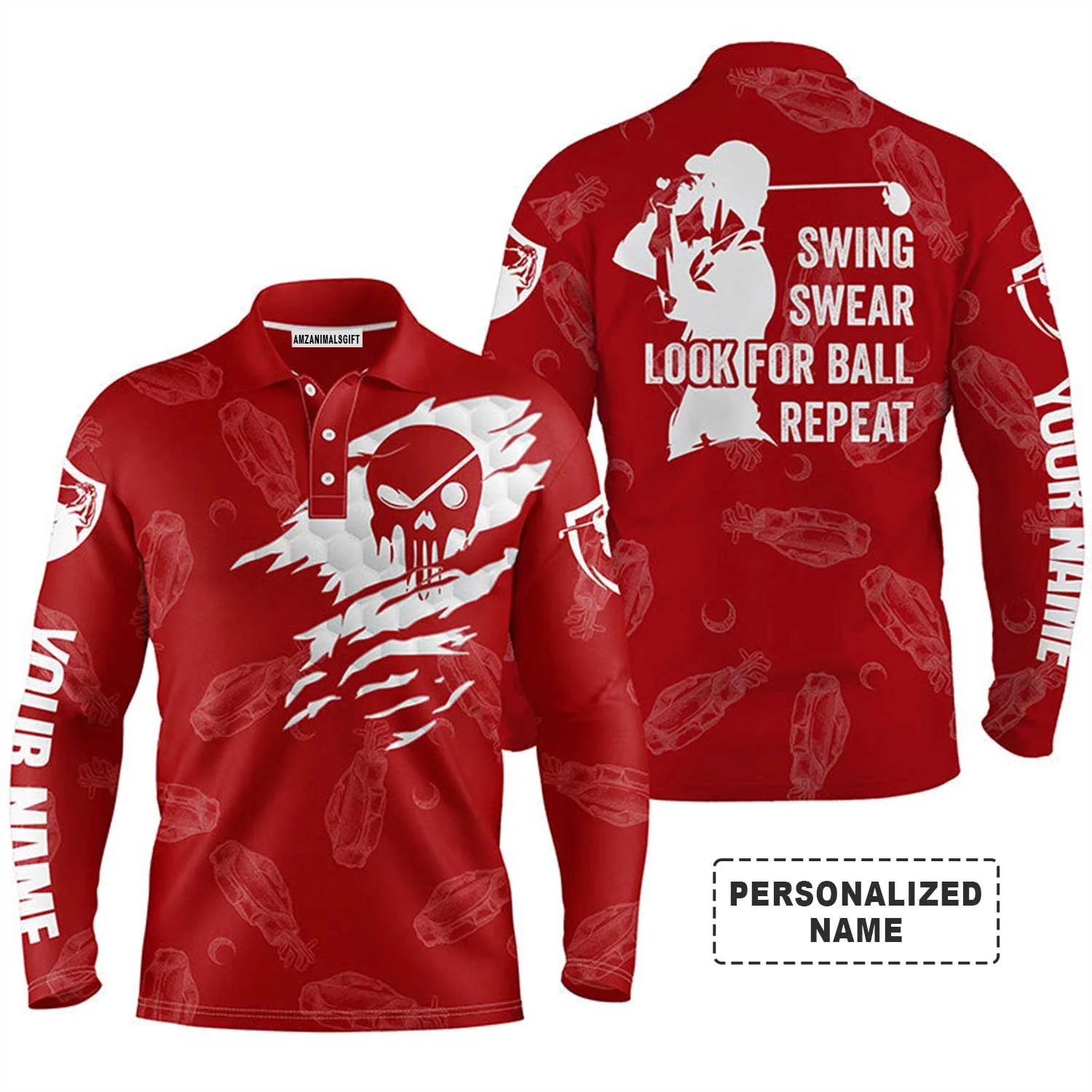 Custom Golf Long Sleeve Men Polo Shirt - Golf Clubs Pattern - Swing Swear Look For Ball Repeat - Personalized Gift For Golf Lover, Team, Golfers - Image 2