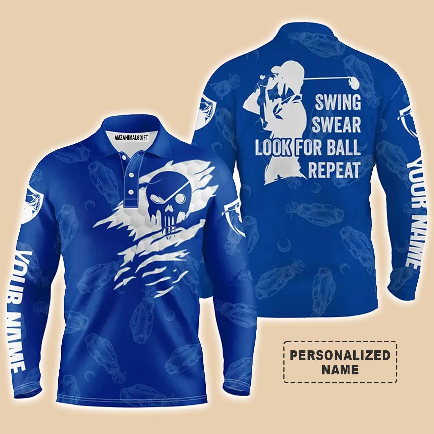 Custom Golf Long Sleeve Men Polo Shirt - Golf Clubs Pattern - Swing Swear Look For Ball Repeat - Personalized Gift For Golf Lover, Team, Golfers - Image 3