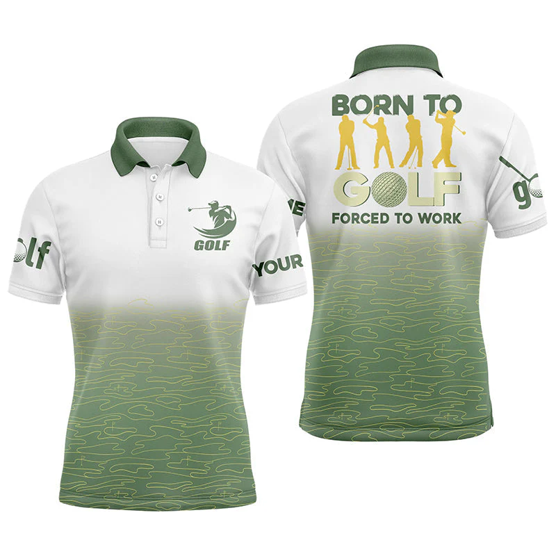Custom Golf Long Sleeve Men Polo Shirt - Green Pattern Custom Name Apparel - Born To Golf Forced To Work - Personalized Gift For Golf Lover, Team - Image 3