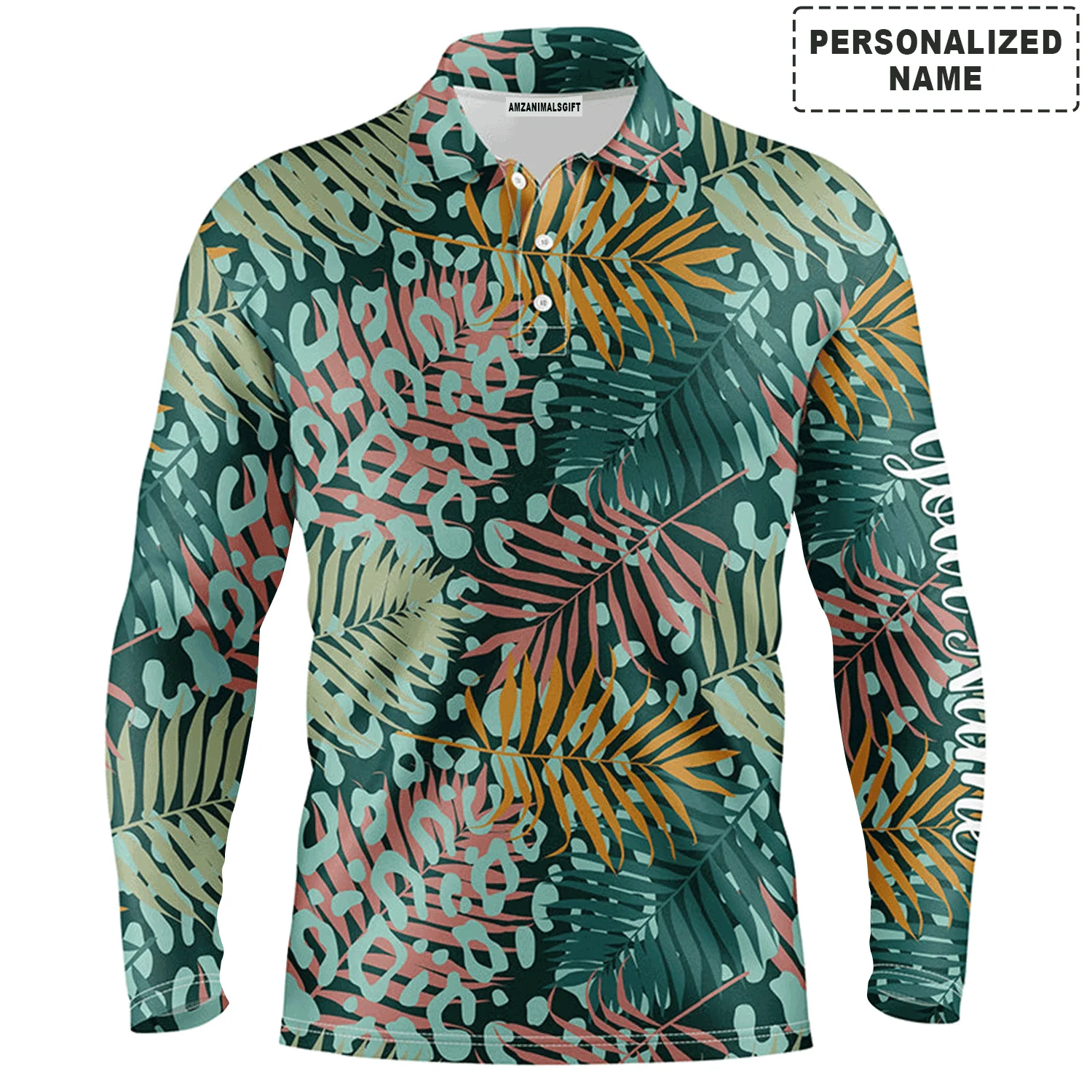 Custom Golf Long Sleeve Men Polo Shirt- Green Tropical Pattern With Palm Leopard Custom Name Apparel - Personalized Gift For Men, Golf Lover - Image 2