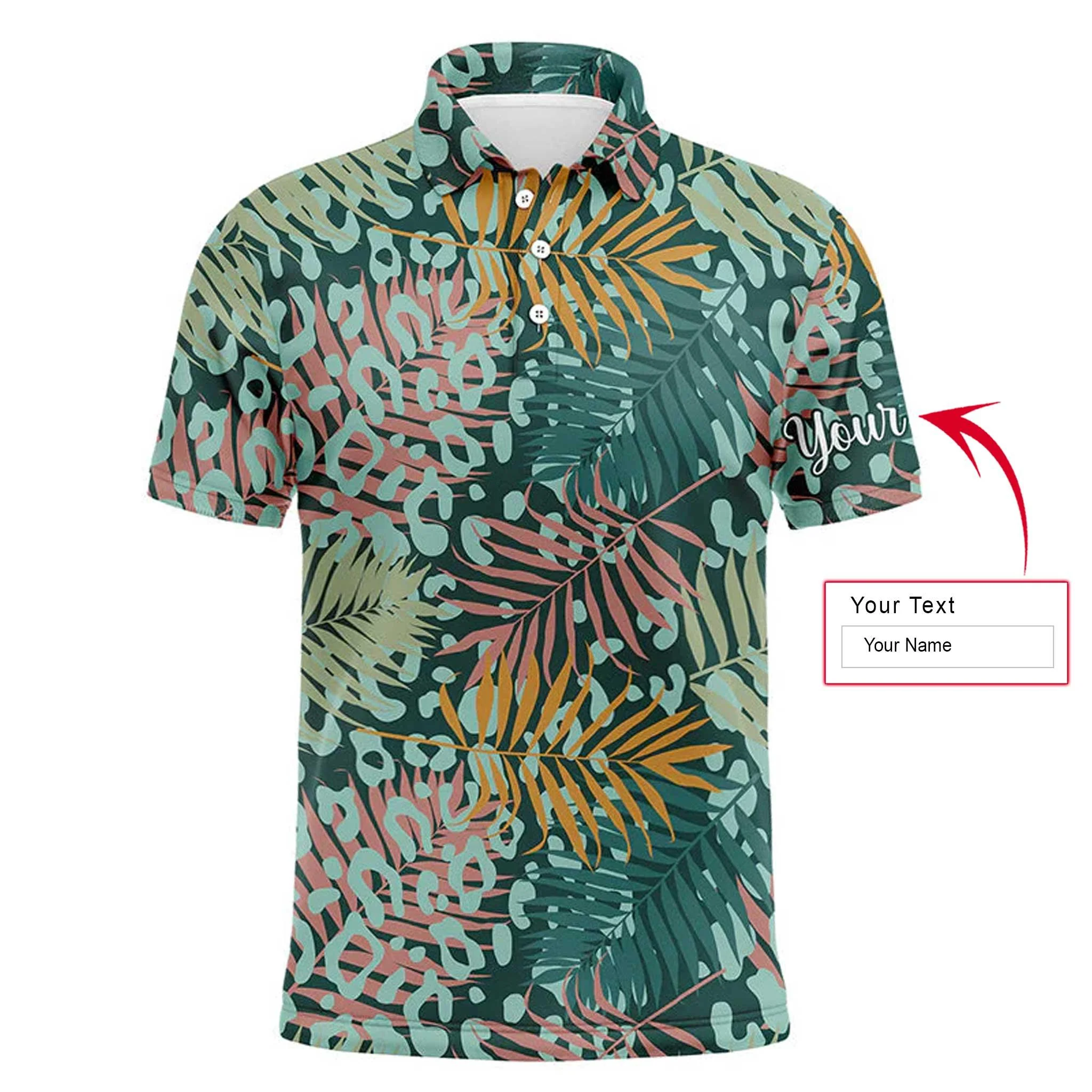 Custom Golf Long Sleeve Men Polo Shirt- Green Tropical Pattern With Palm Leopard Custom Name Apparel - Personalized Gift For Men, Golf Lover - Image 3