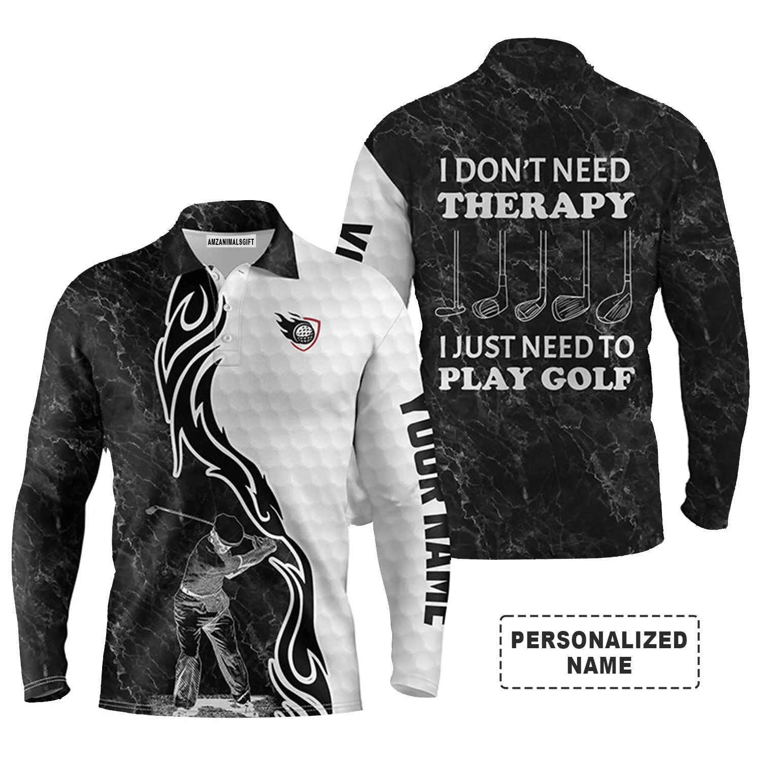 Custom Golf Long Sleeve Men Polo Shirt - I Don't Need Therapy, I Just Need To Play Golf Men Black White Golf Polo Shirt - Perfect Polo Shirt For Men - Image 2