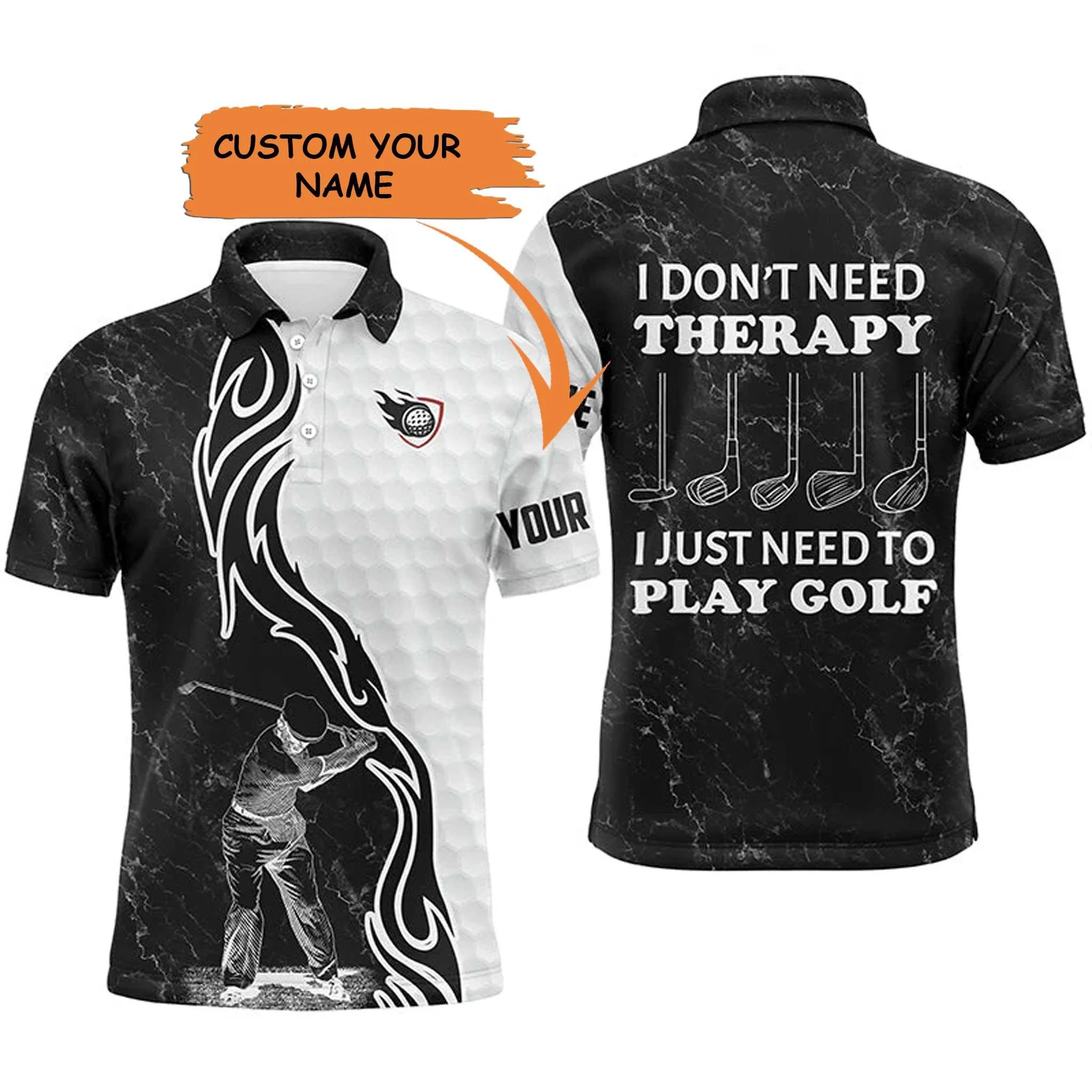 Custom Golf Long Sleeve Men Polo Shirt - I Don't Need Therapy, I Just Need To Play Golf Men Black White Golf Polo Shirt - Perfect Polo Shirt For Men - Image 3