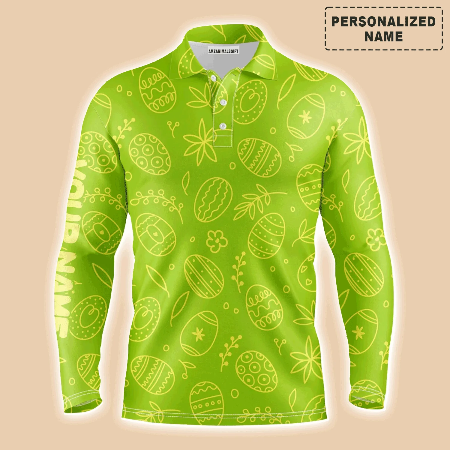 Custom Golf Long Sleeve Men Polo Shirt - Lime Green Easter Eggs Pattern Custom Name Polo Shirt - Personalized Gift For Golf Lover, Men, Easter's Day