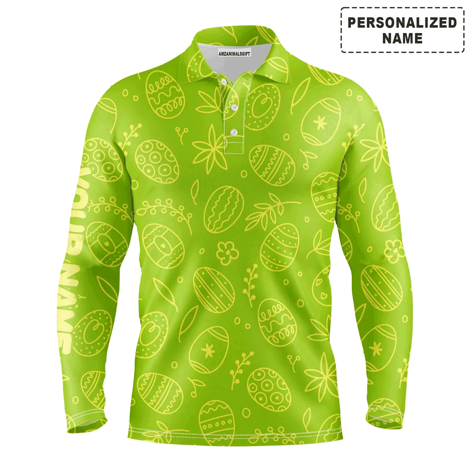 Custom Golf Long Sleeve Men Polo Shirt - Lime Green Easter Eggs Pattern Custom Name Polo Shirt - Personalized Gift For Golf Lover, Men, Easter's Day - Image 2
