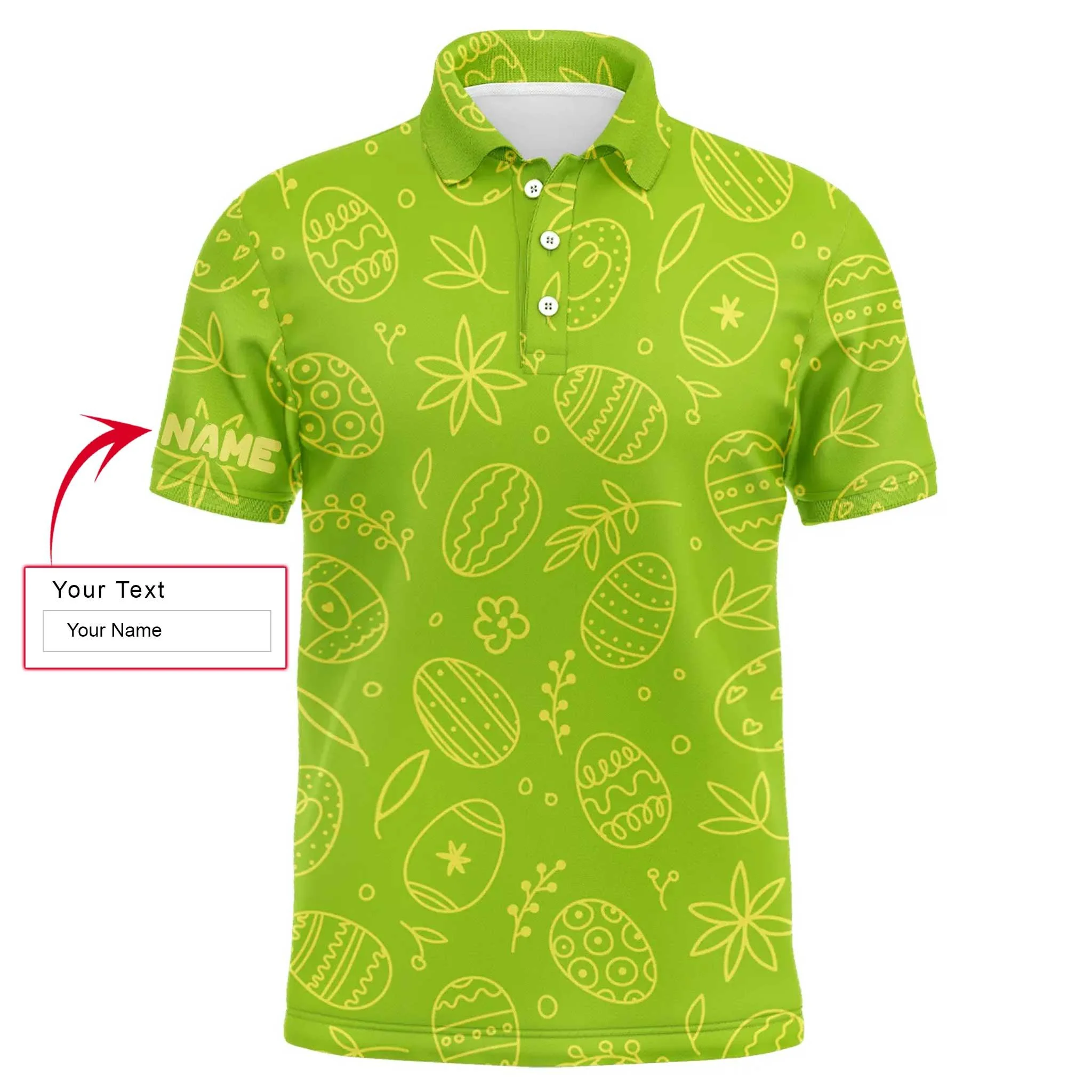 Custom Golf Long Sleeve Men Polo Shirt - Lime Green Easter Eggs Pattern Custom Name Polo Shirt - Personalized Gift For Golf Lover, Men, Easter's Day - Image 3