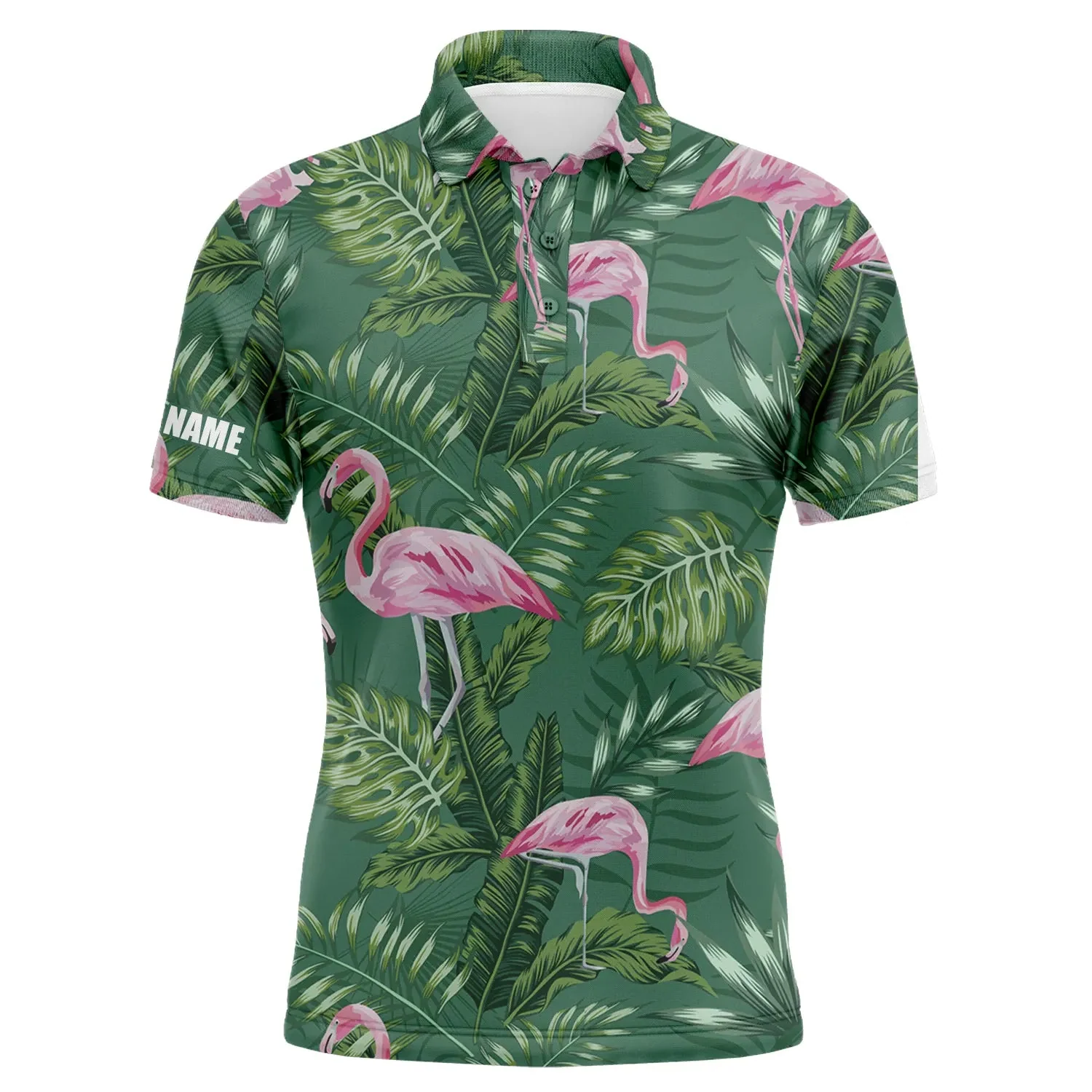 Custom Golf Long Sleeve Men Polo Shirt - Pink Flamingo Pattern Custom Name Apparel - Personalized Gift For Men, Golf Lover - Image 3