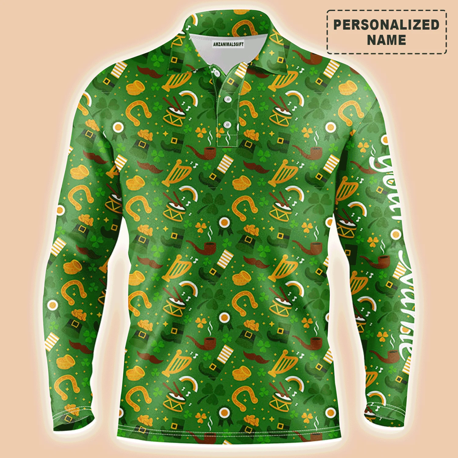 Custom Golf Long Sleeve Men Polo Shirt-Saint Patrick's Day Green Pattern Custom Name Apparel-Personalized Gift For Men, Golf Lover