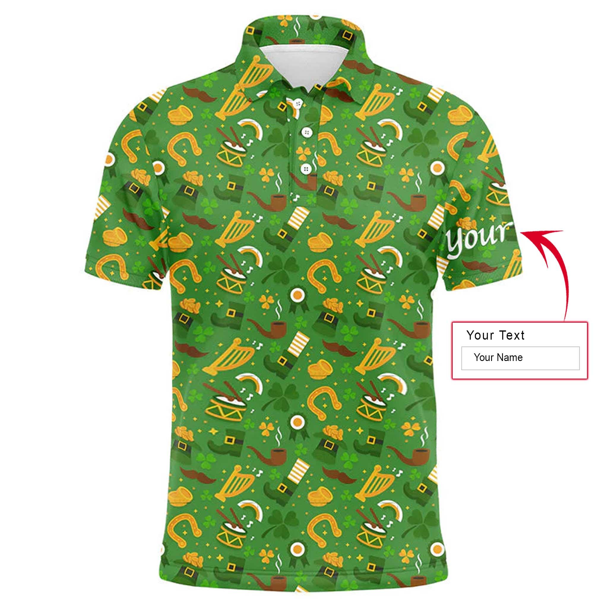 Custom Golf Long Sleeve Men Polo Shirt-Saint Patrick's Day Green Pattern Custom Name Apparel-Personalized Gift For Men, Golf Lover - Image 3