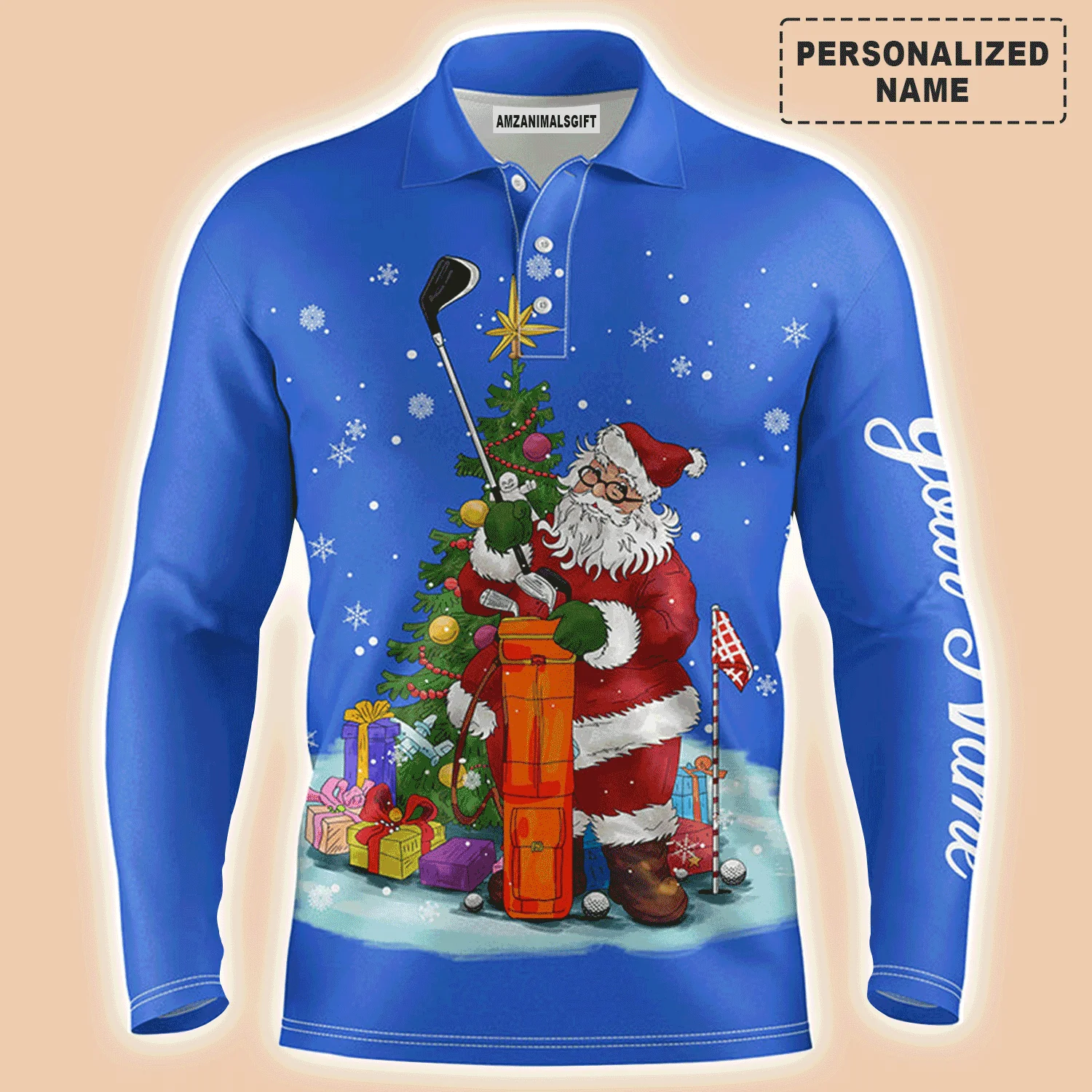 Custom Golf Long Sleeve Men Polo Shirt - Santa Golfer Christmas Custom Name Apparel - Personalized Gift For Golf Lover, Team, Husband, Men - Image 2