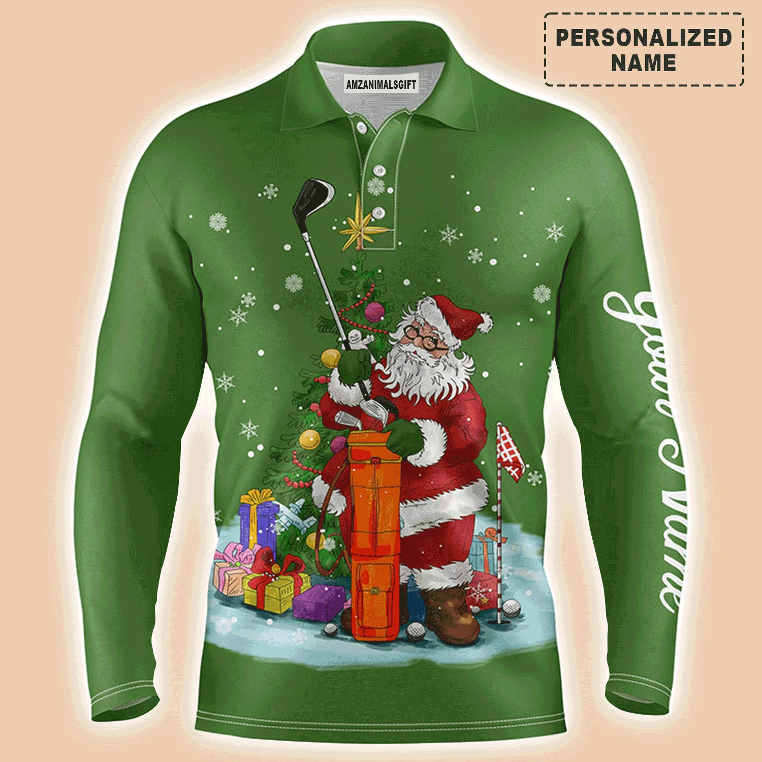 Custom Golf Long Sleeve Men Polo Shirt - Santa Golfer Christmas Custom Name Apparel - Personalized Gift For Golf Lover, Team, Husband, Men - Image 3