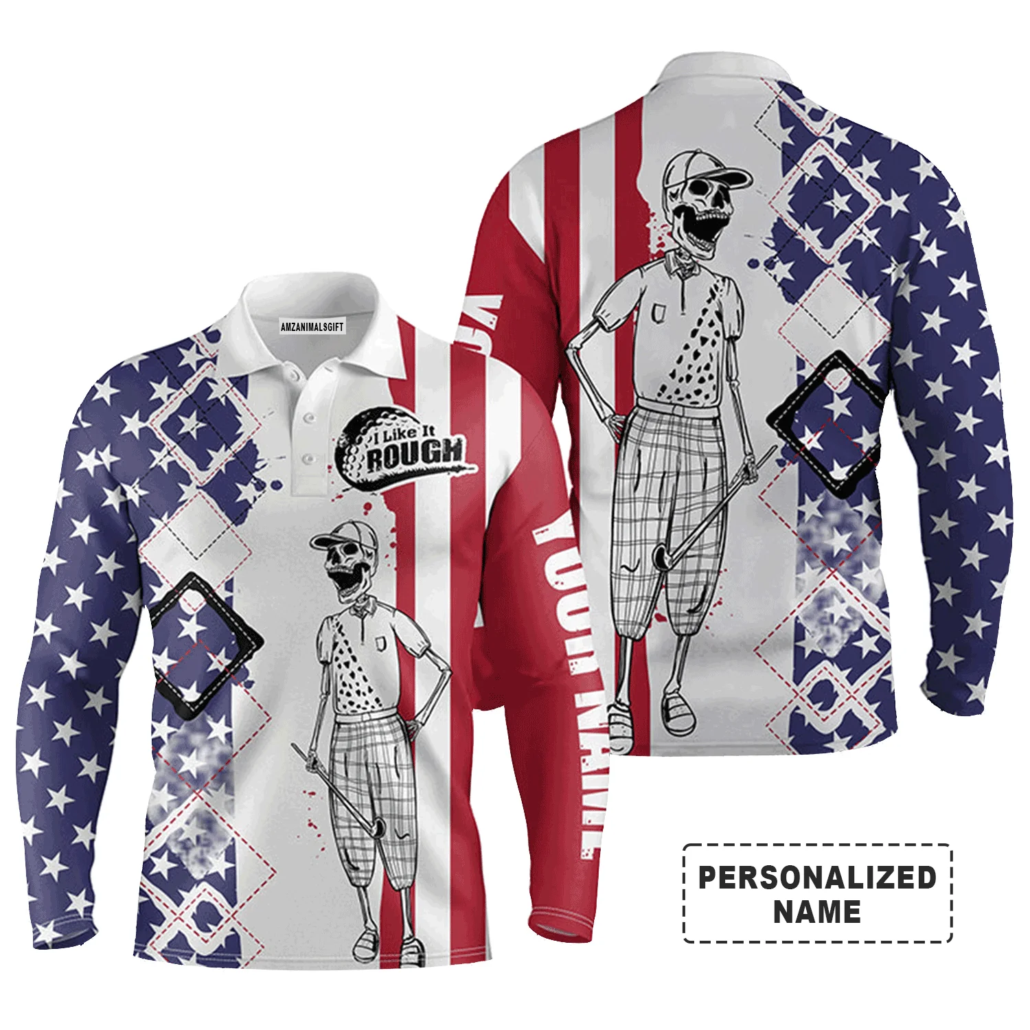 Custom Golf Long Sleeve Men Polo Shirt - Skull American Flag Custom Name, I Like It Rough Men Golf Polo Shirt - Personalized Gift For Men,Golf Lover - Image 2