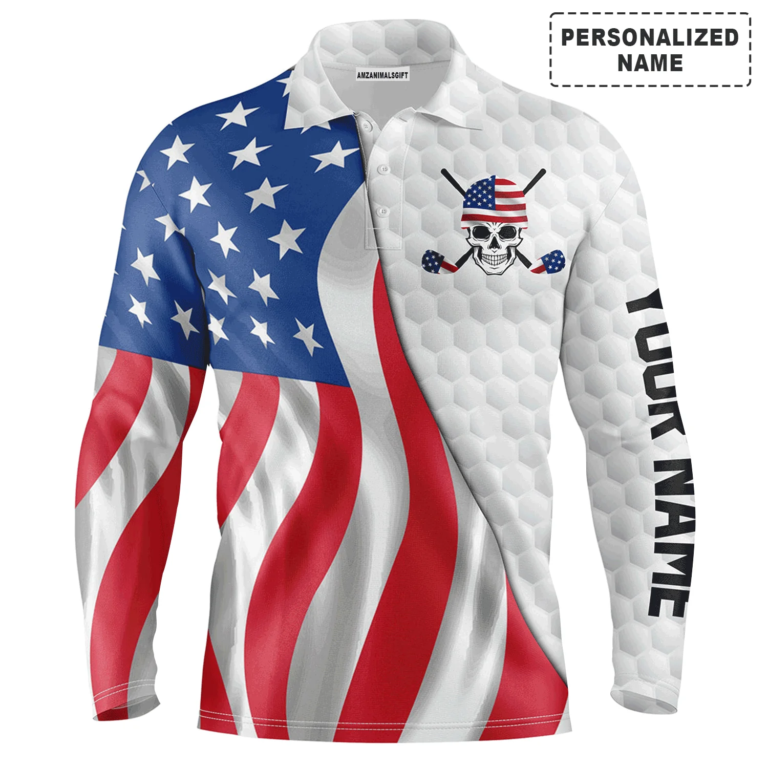 Custom Golf Long Sleeve Men Polo Shirt - Skull Pattern, Custom Name American Flag Polo Shirt - Personalized Gift For Men, Golf Lover - Image 2