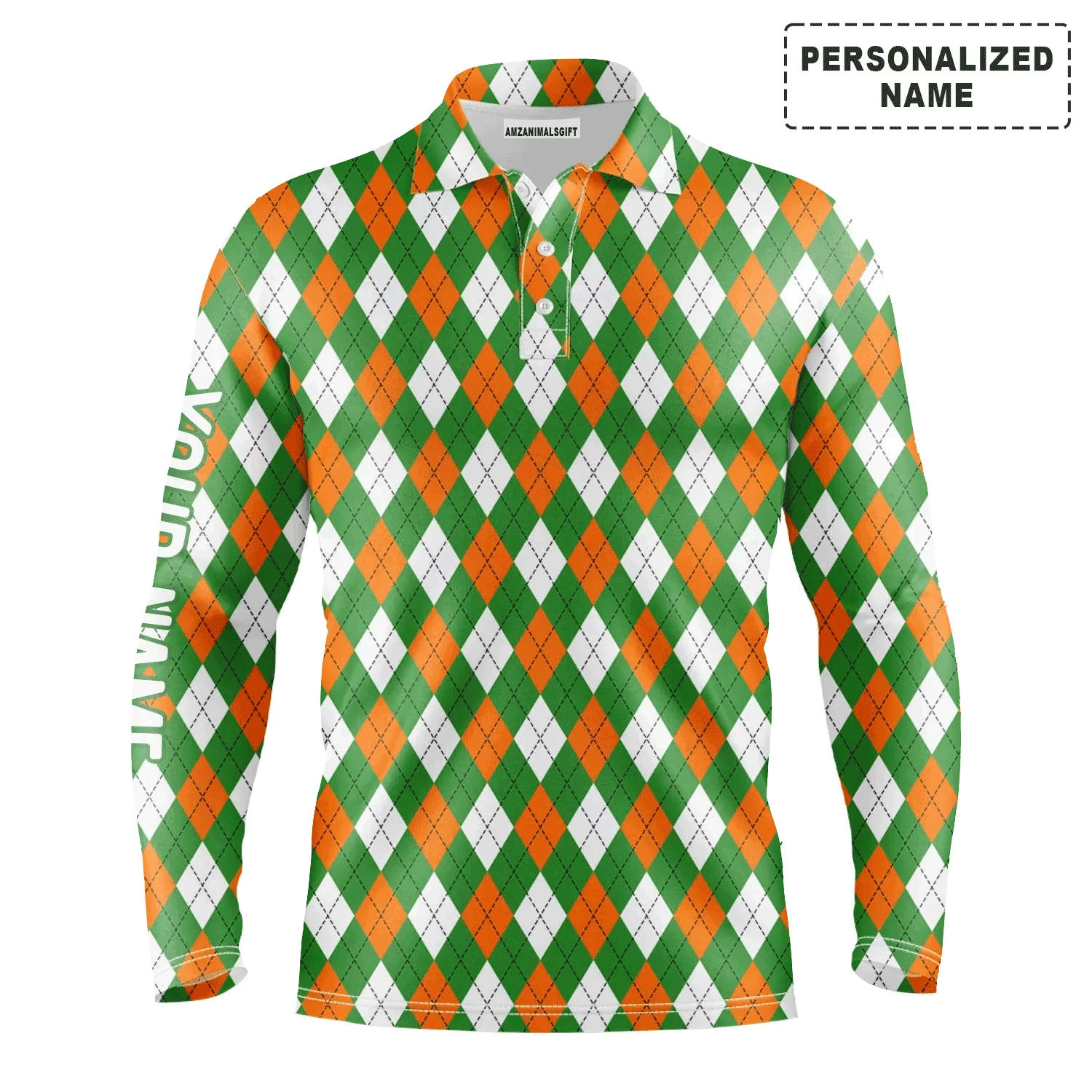 Custom Golf Long Sleeve Men Polo Shirt- St Patrick's Day White Green Orange Argyle Plaid Pattern Custom Name Apparel- Personalized Gift For Golf Lover - Image 2