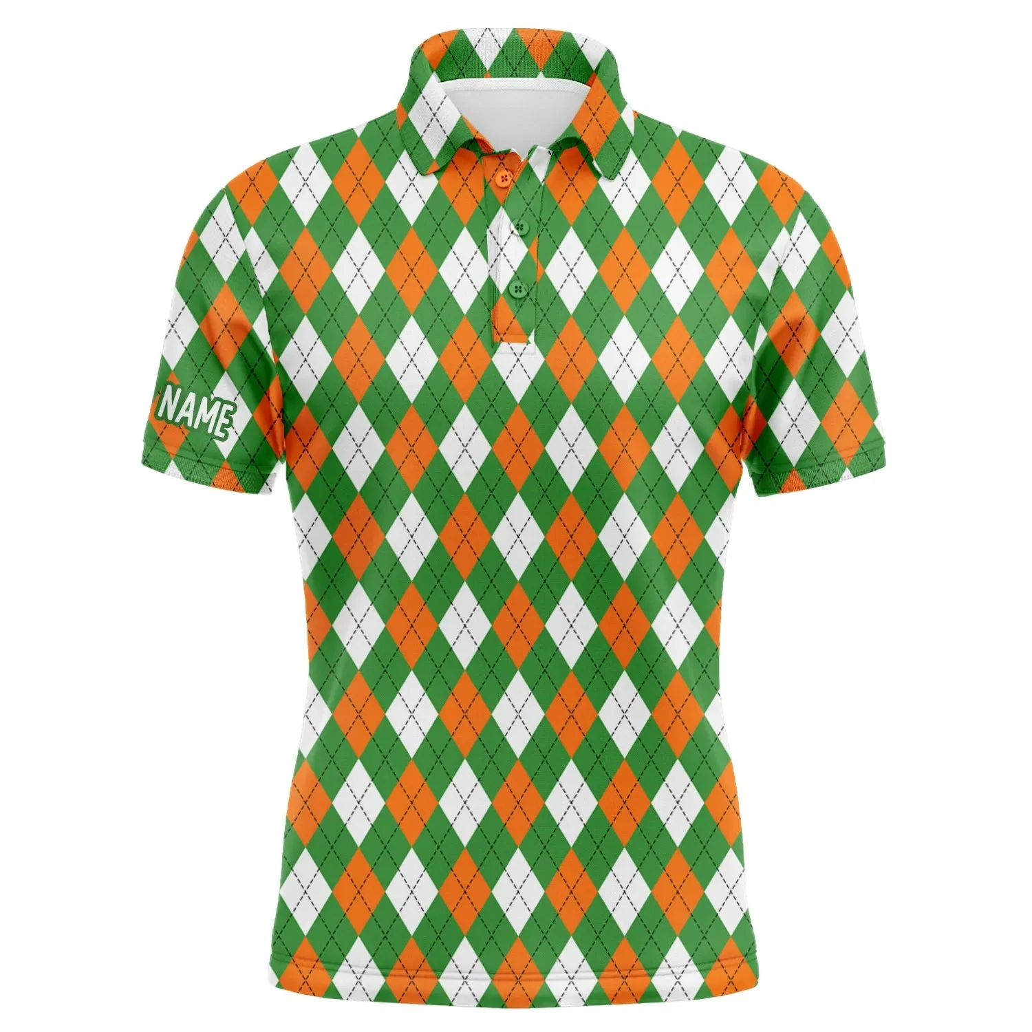 Custom Golf Long Sleeve Men Polo Shirt- St Patrick's Day White Green Orange Argyle Plaid Pattern Custom Name Apparel- Personalized Gift For Golf Lover - Image 3