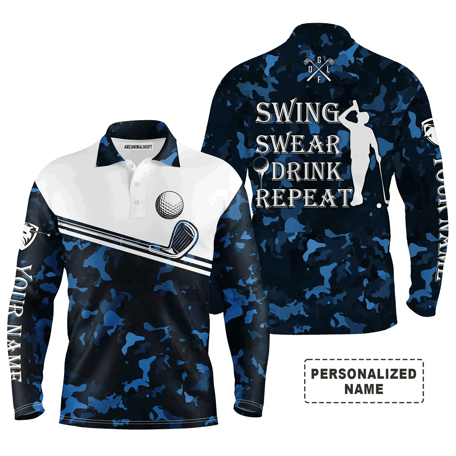 Custom Golf Long Sleeve Men Polo Shirt - Swing Swear Drink Repeat Custom Name Camo Pattern Apparel - Personalized Gift For Men, Golf Lover - Image 10