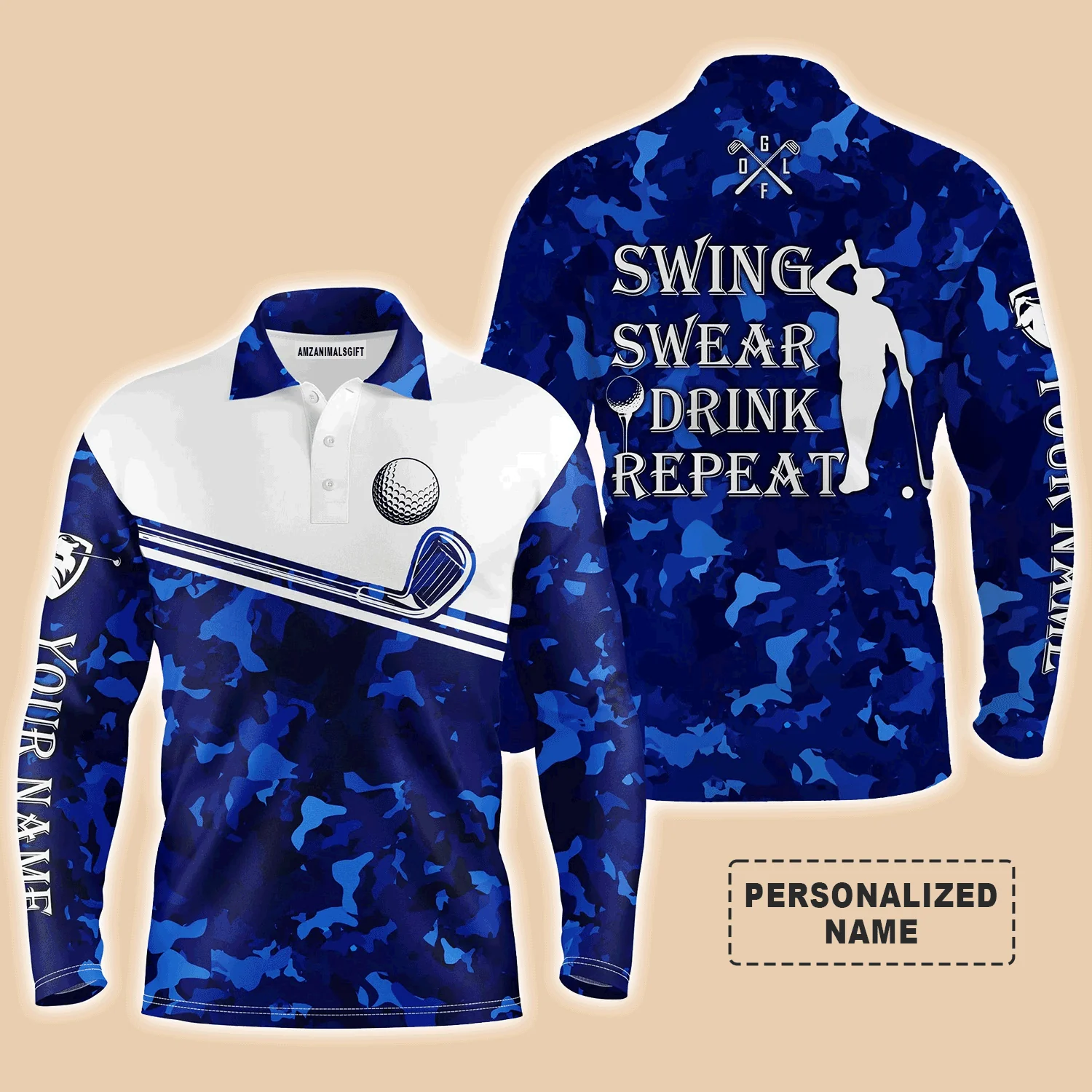 Custom Golf Long Sleeve Men Polo Shirt - Swing Swear Drink Repeat Custom Name Camo Pattern Apparel - Personalized Gift For Men, Golf Lover - Image 2