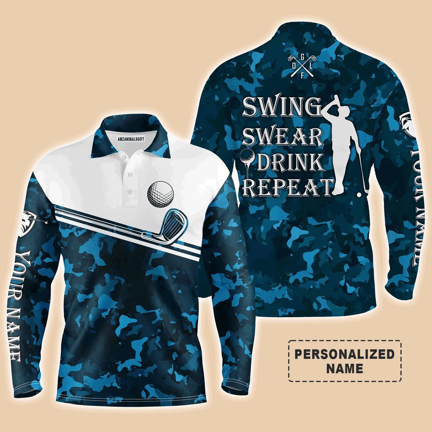 Custom Golf Long Sleeve Men Polo Shirt - Swing Swear Drink Repeat Custom Name Camo Pattern Apparel - Personalized Gift For Men, Golf Lover - Image 4