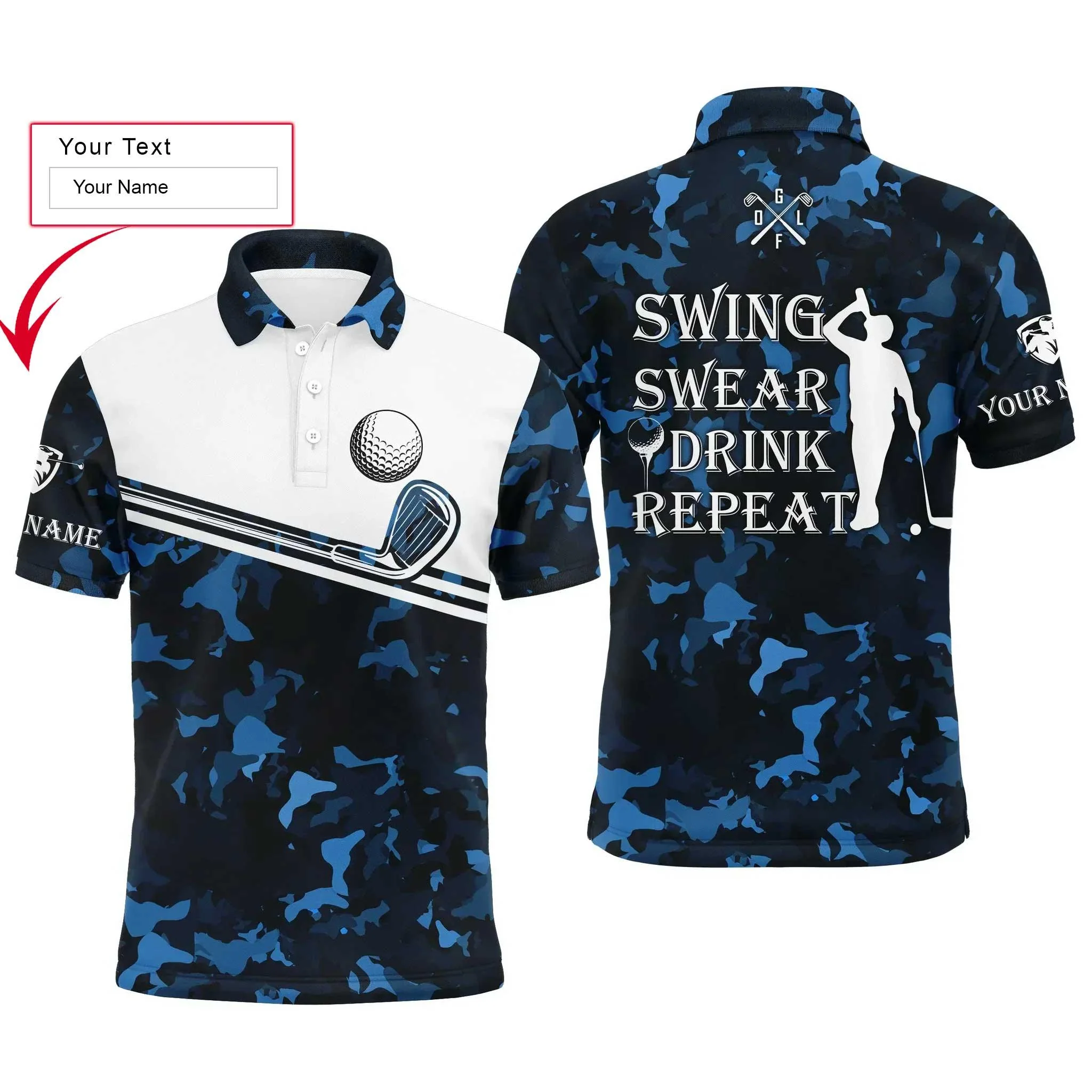 Custom Golf Long Sleeve Men Polo Shirt - Swing Swear Drink Repeat Custom Name Camo Pattern Apparel - Personalized Gift For Men, Golf Lover - Image 5