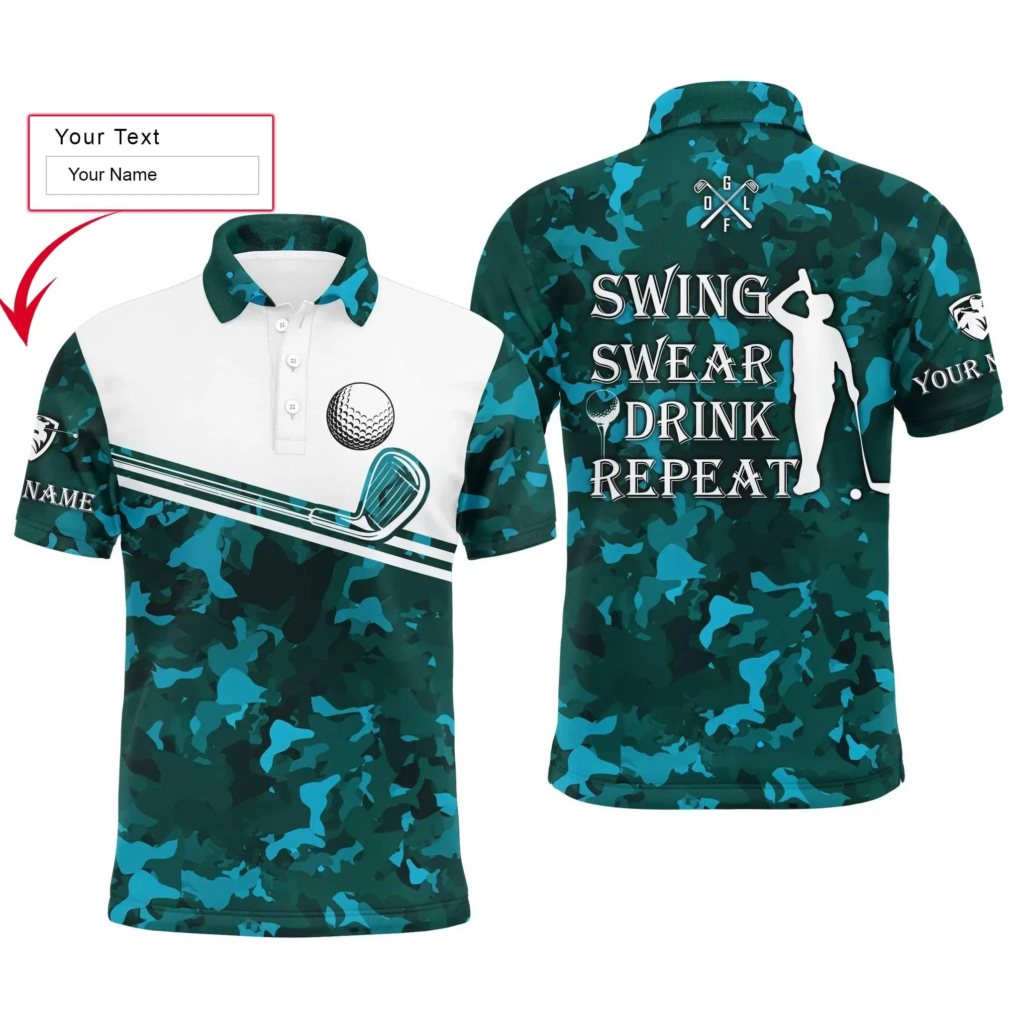 Custom Golf Long Sleeve Men Polo Shirt - Swing Swear Drink Repeat Custom Name Camo Pattern Apparel - Personalized Gift For Men, Golf Lover - Image 7