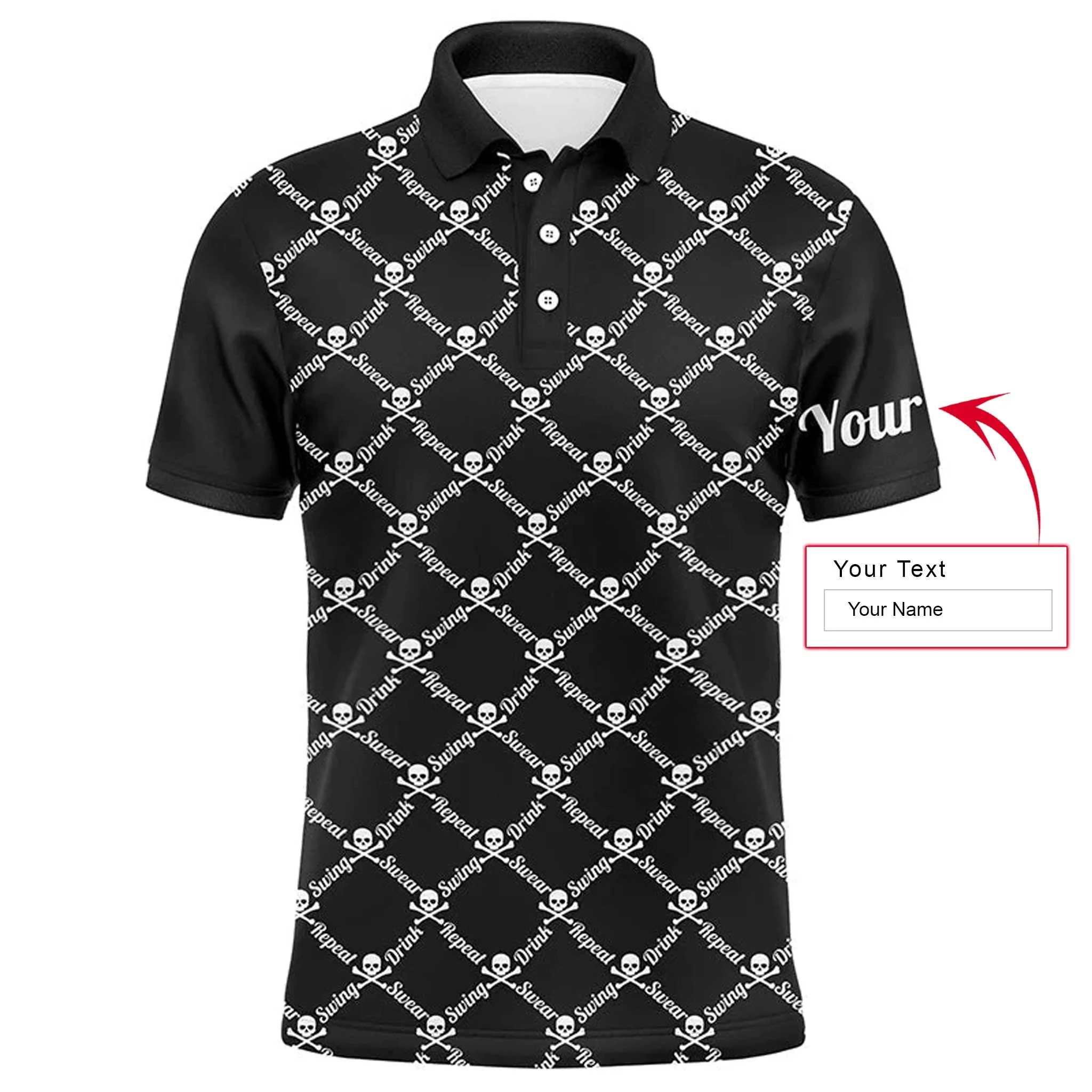 Custom Golf Long Sleeve Men Polo Shirt -Swing Swear Drink Repeat Skull Pattern Apparel-Personalized Gift For Golf Lover, Team, Husband, Boyfriend, Men - Image 6