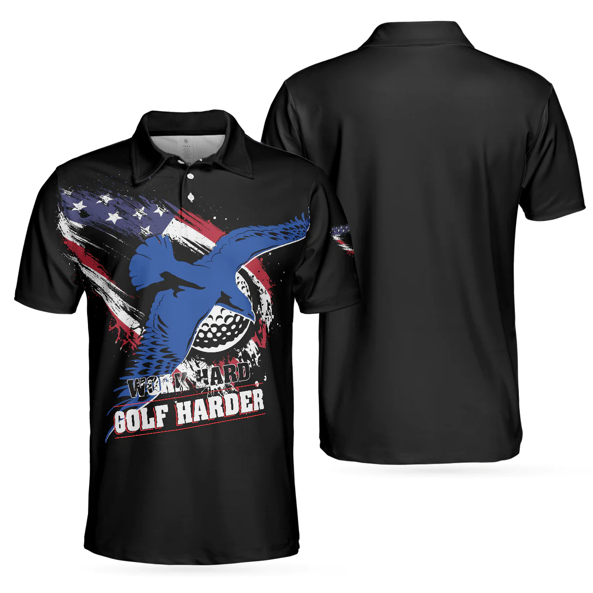 Custom Golf Long Sleeve Men Polo Shirt - Work hard Golf harder Albatross American Flag Polo Shirt, Golf Shirt For Men, Golf Lover - Image 3