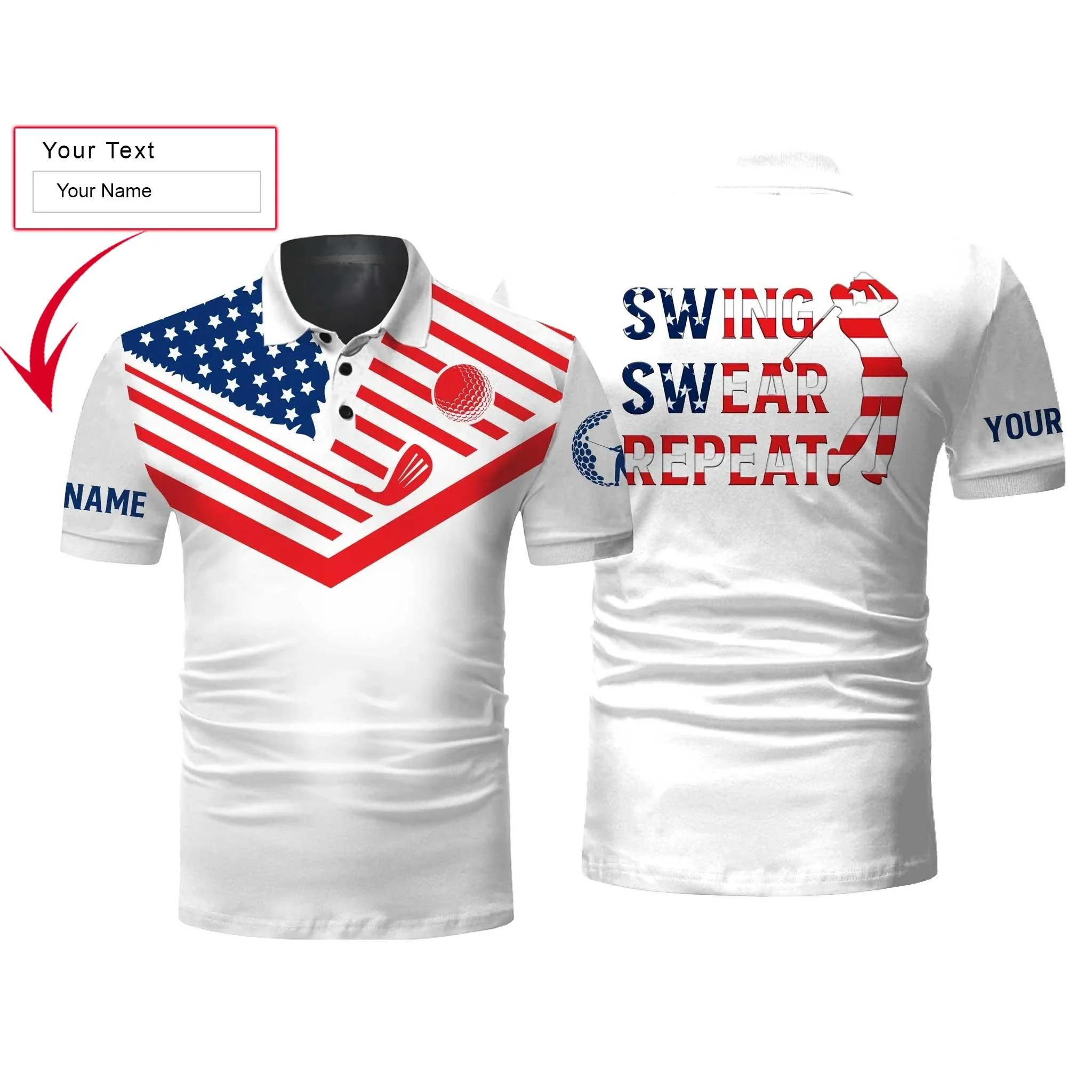 Custom Golf Men Polo Shirt - American Flag 4th July Custom Name Apparel, Swing Swear Repeat Men Polo Shirt - Perfect Polo Shirt For Men, Golfers
