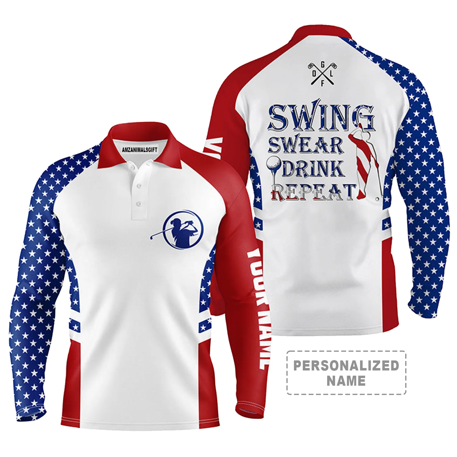 Custom Golf Men Polo Shirt - American Flag Patriotic Custom Name White Apparel Men Golf Polo Shirt - Perfect Polo Shirt For Men, Golfers - Image 2
