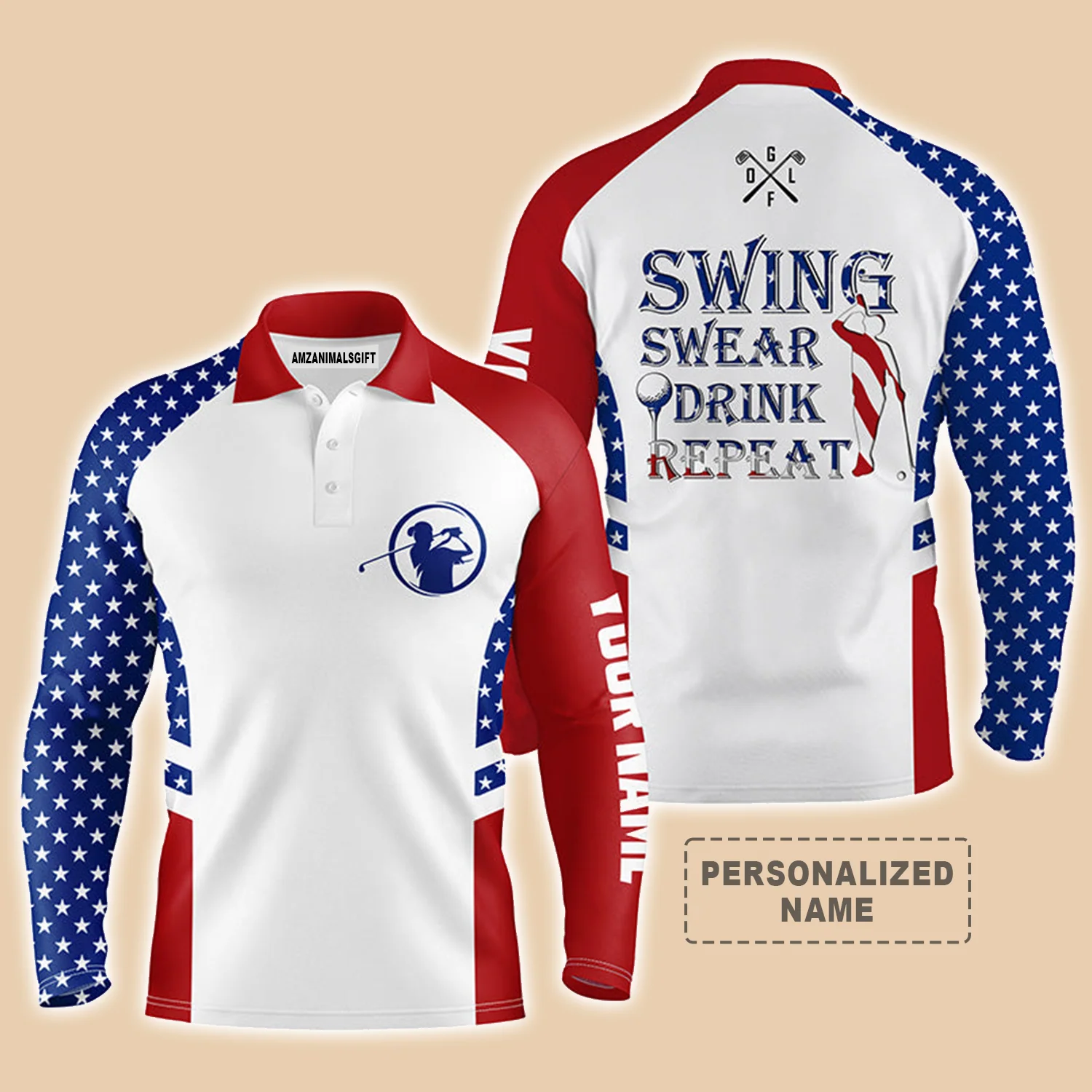 Custom Golf Men Polo Shirt - American Flag Patriotic Custom Name White Apparel Men Golf Polo Shirt - Perfect Polo Shirt For Men, Golfers - Image 3