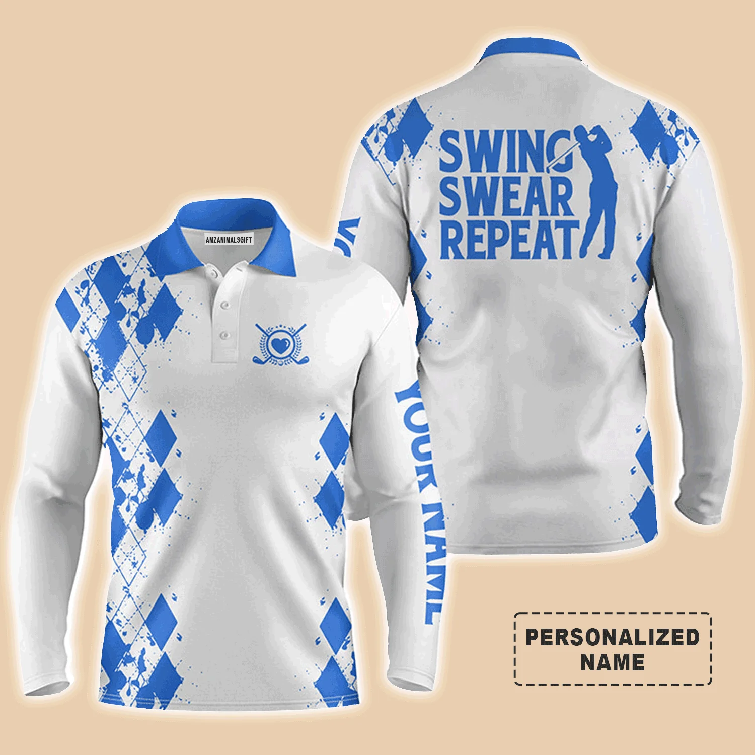 Custom Golf Men Polo Shirt - Argyle Pattern Custom Name Apparel, Swing Swear Repeat Men Golf Polo Shirt - Perfect Polo Shirt For Men, Golfers - Image 10