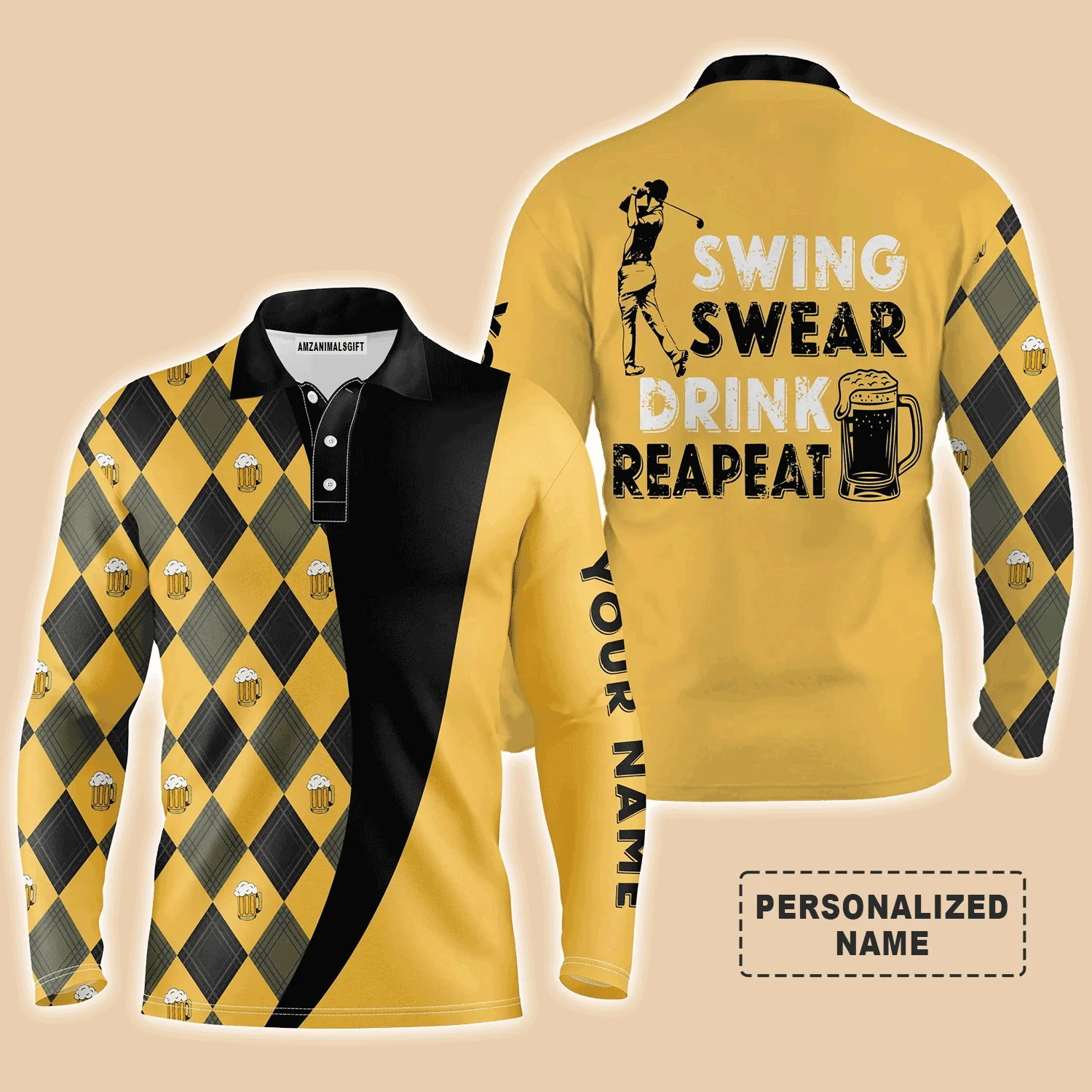 Custom Golf Men Polo Shirt - Beer And Golf Men Polo Shirt, Swing Swear Drink Repeat Polo Shirt - Perfect Polo Shirt For Men, Golfers - Image 3