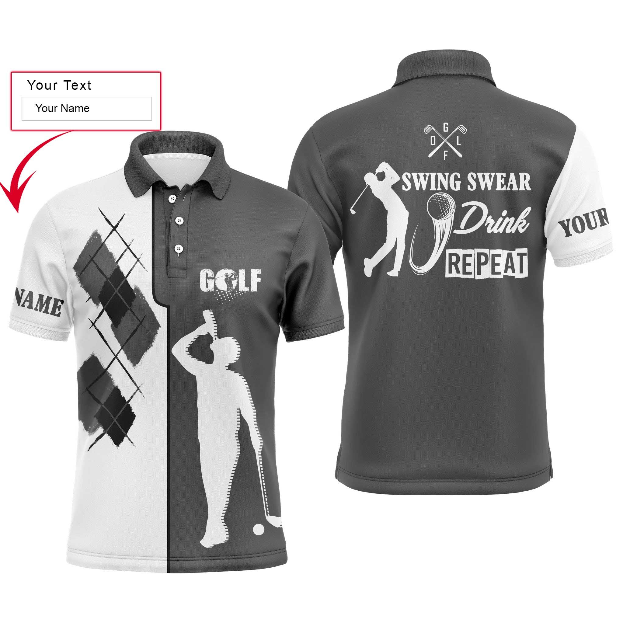 Custom Golf Men Polo Shirt - Custom Name Black White Apparel,Black White Swing Swear Drink Repeat Men Golf Polo Shirt- Perfect Polo Shirt For Men