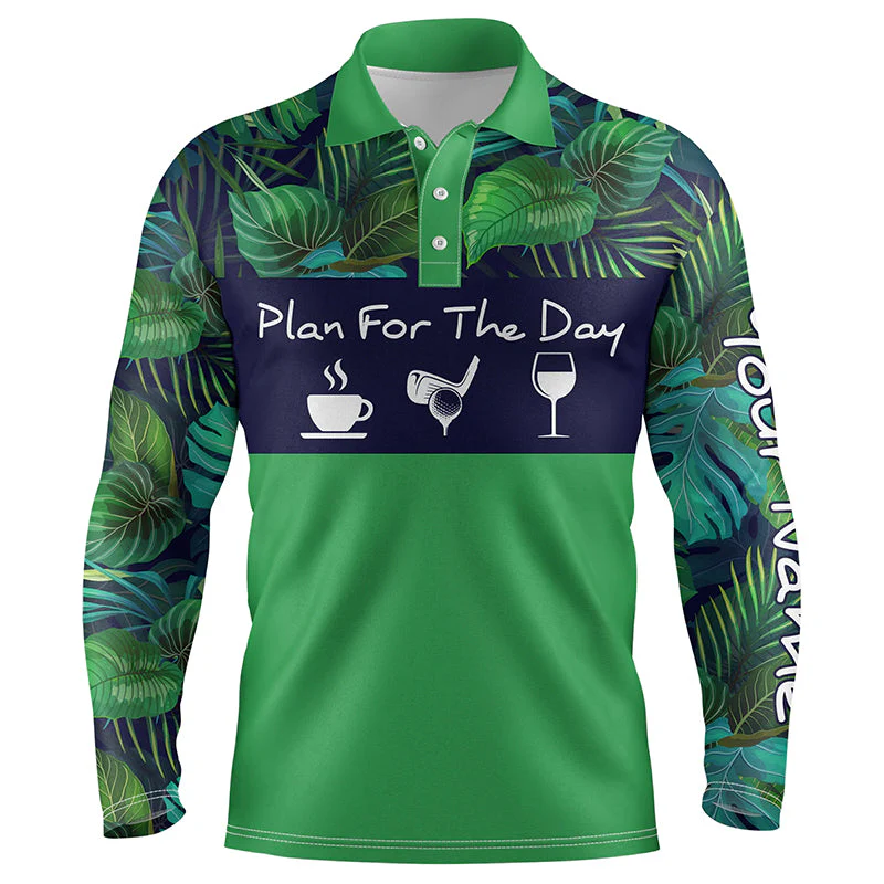 Custom Golf Men Polo Shirt- Custom Name Green Tropical Plants Apparel, Plan For The Day Coffee Golf Men Polo Shirt - Perfect Polo Shirt For Men, Golfers - Image 2