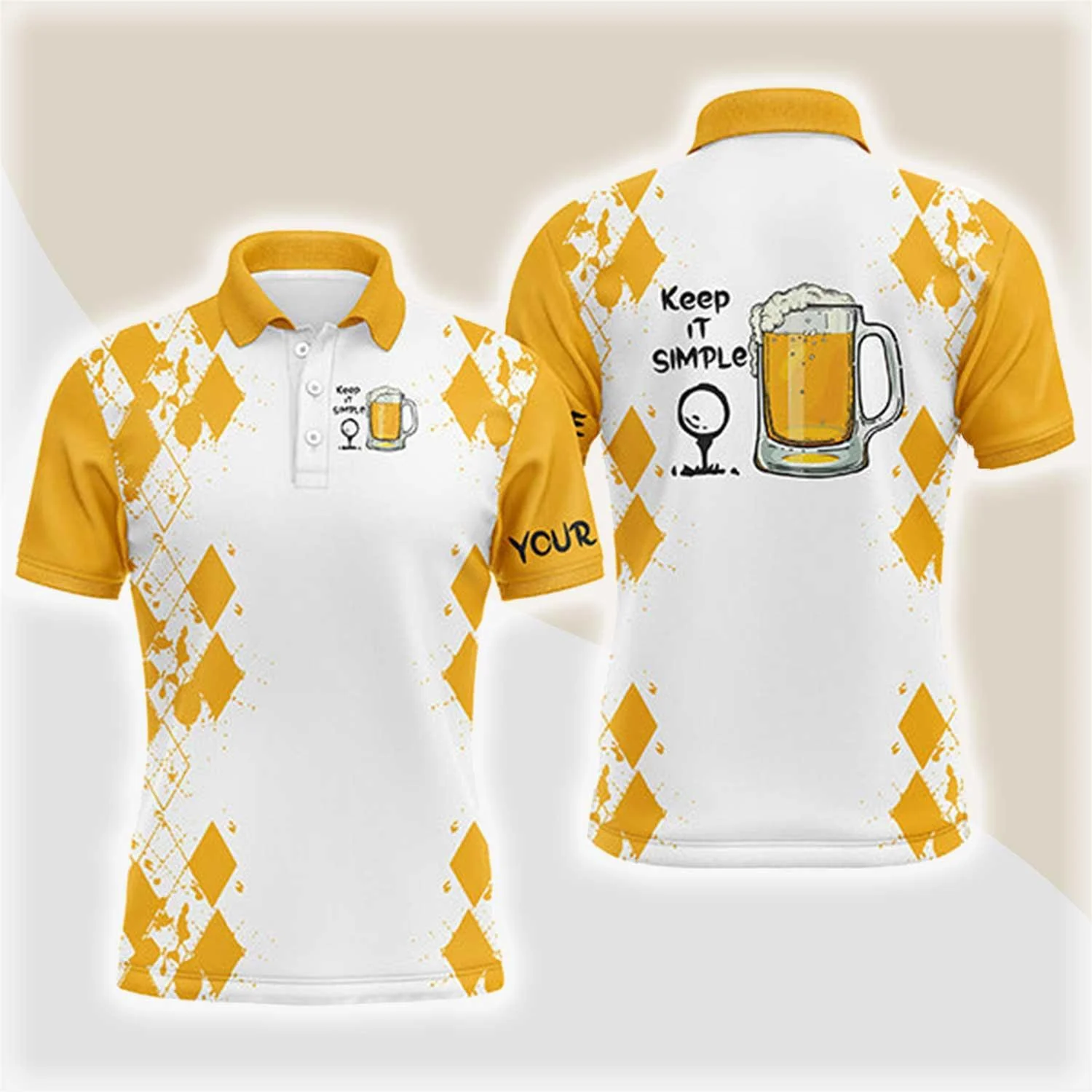 Custom Golf Men Polo Shirt - Custom Name White Yellow Argyle Pattern Apparel - Keep It Simple Golf Polo Shirt - Perfect Polo Shirt For Men, Golfers