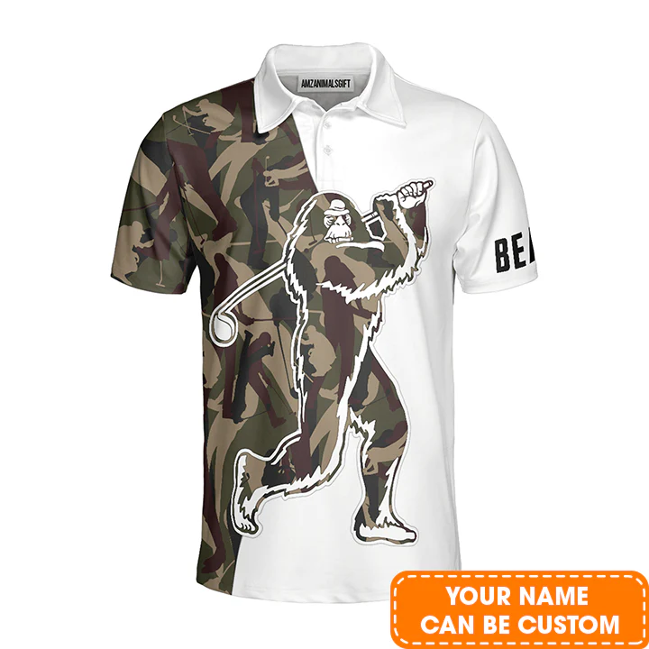 Custom Golf Men Polo Shirt - Funny Bigfoot Golf Polo Shirts, Camo Pattern Custom Name Sasquatch Playing Golf Apparel - Perfect Polo Shirt For Men - Image 2