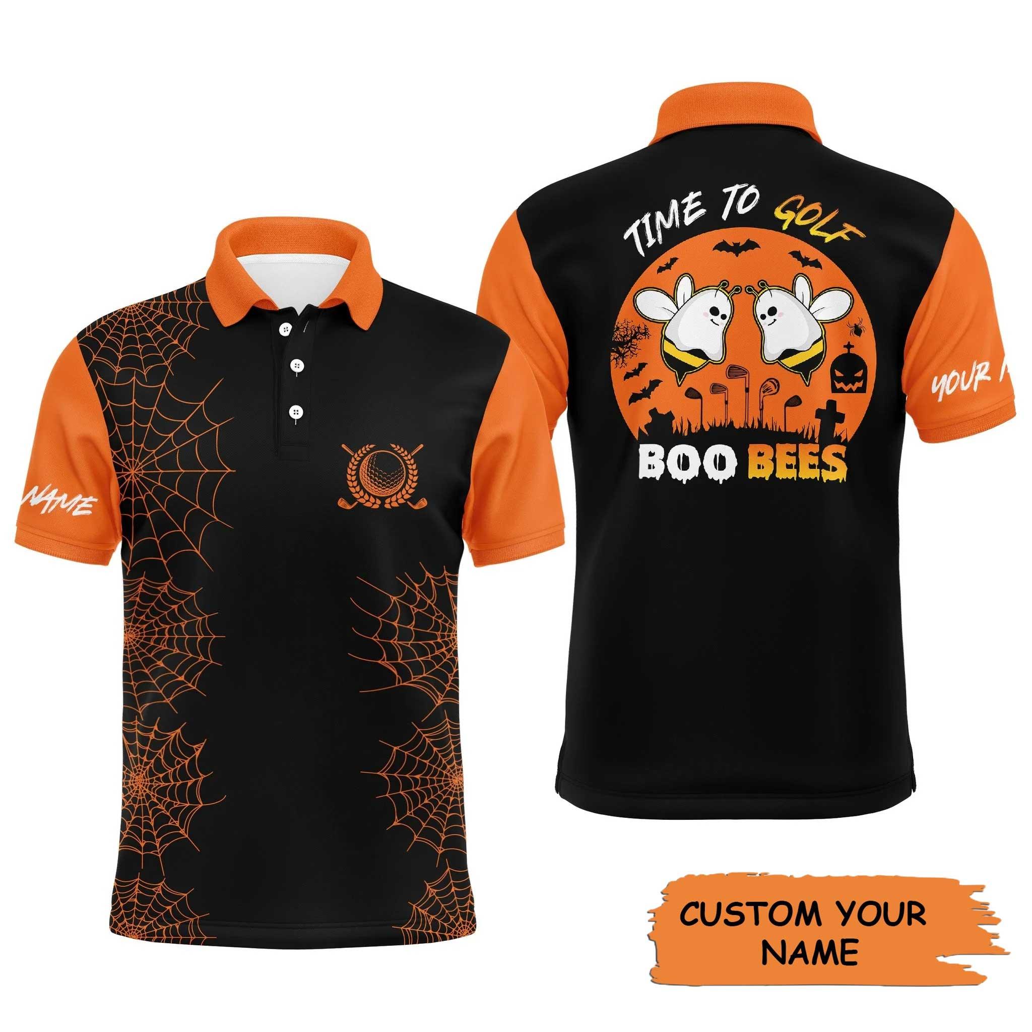 Custom Golf Men Polo Shirt - Funny Black Orange Halloween Golf Polo Shirts, Time To Golf Boo Bees Men Polo Shirt - Perfect Polo Shirt For Men
